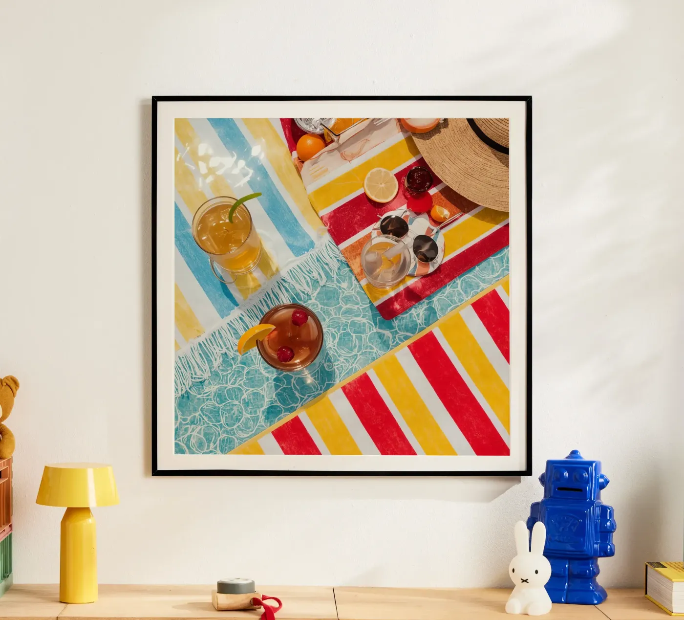 Strandtücher Getränke Obst Sommer Accessoires Draufsicht Poster von DesignDoodle
