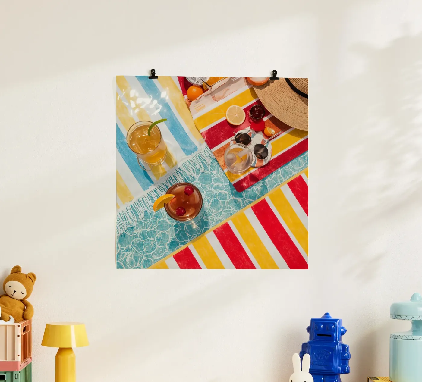 Strandtücher Getränke Obst Sommer Accessoires Draufsicht Poster von DesignDoodle