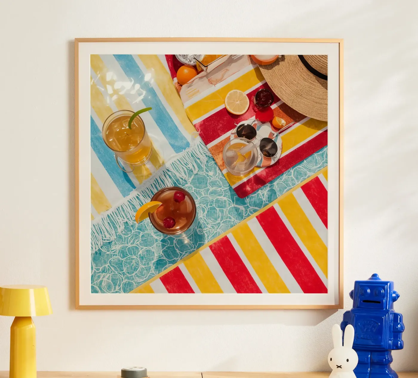Strandtücher Getränke Obst Sommer Accessoires Draufsicht Poster von DesignDoodle