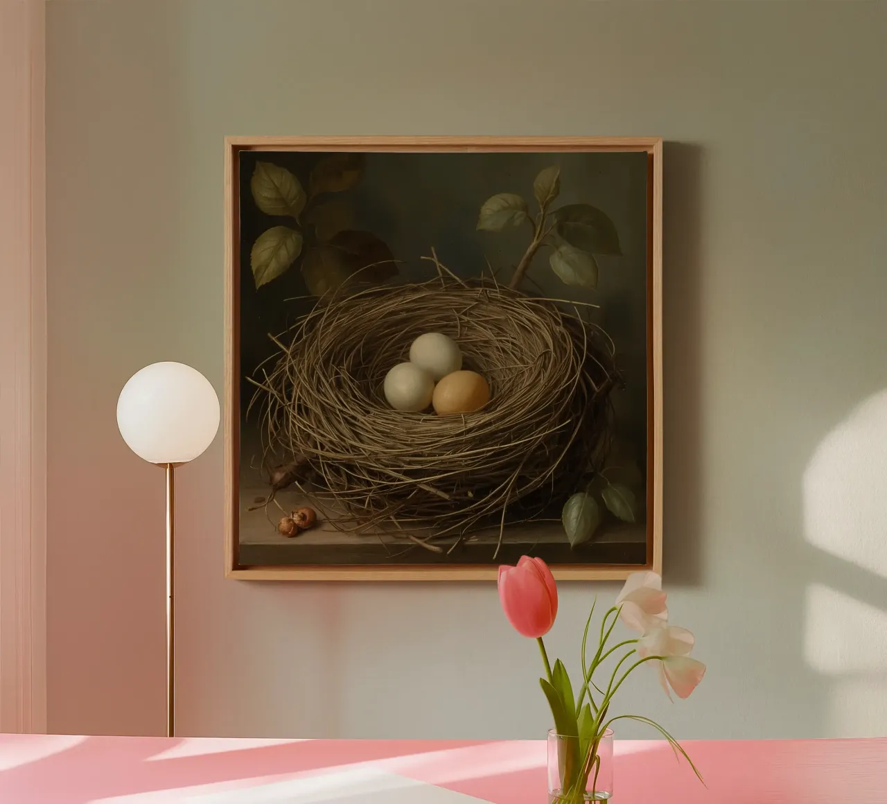 Bird's Nest with Three Eggs and Foliage canvas with Floater frame by DesignDoodle