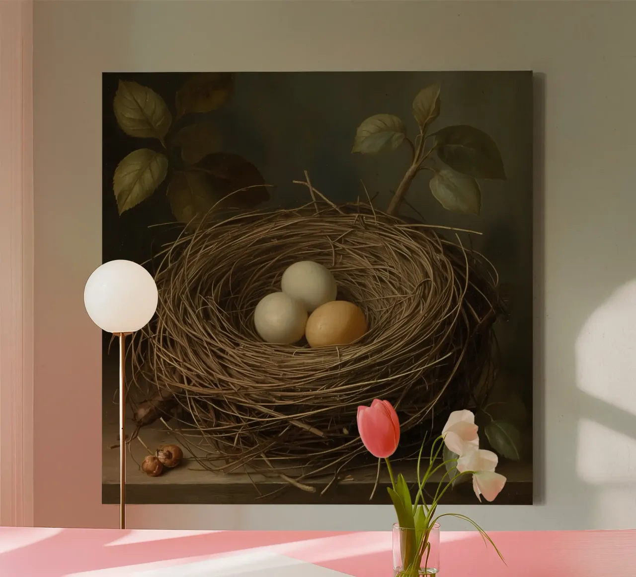 Bird's Nest with Three Eggs and Foliage canvas with Floater frame by DesignDoodle