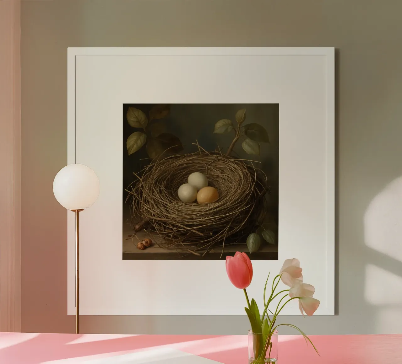 Nido d'uccello con tre uova e fogliame poster con telaio in plastica da DesignDoodle