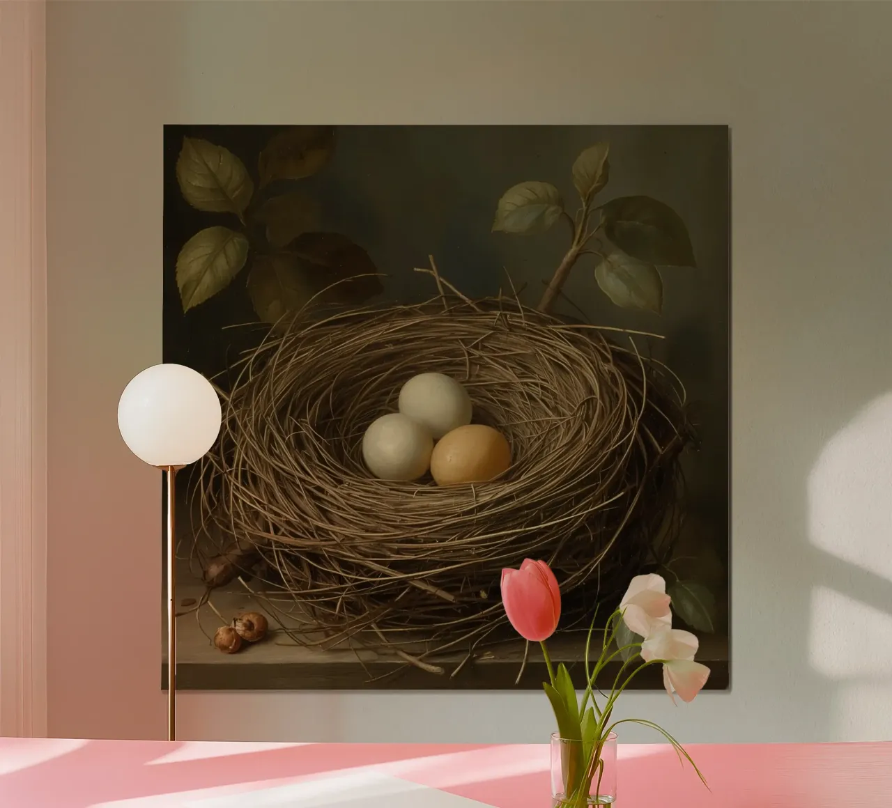 Nido d'uccello con tre uova e fogliame poster con telaio in plastica da DesignDoodle