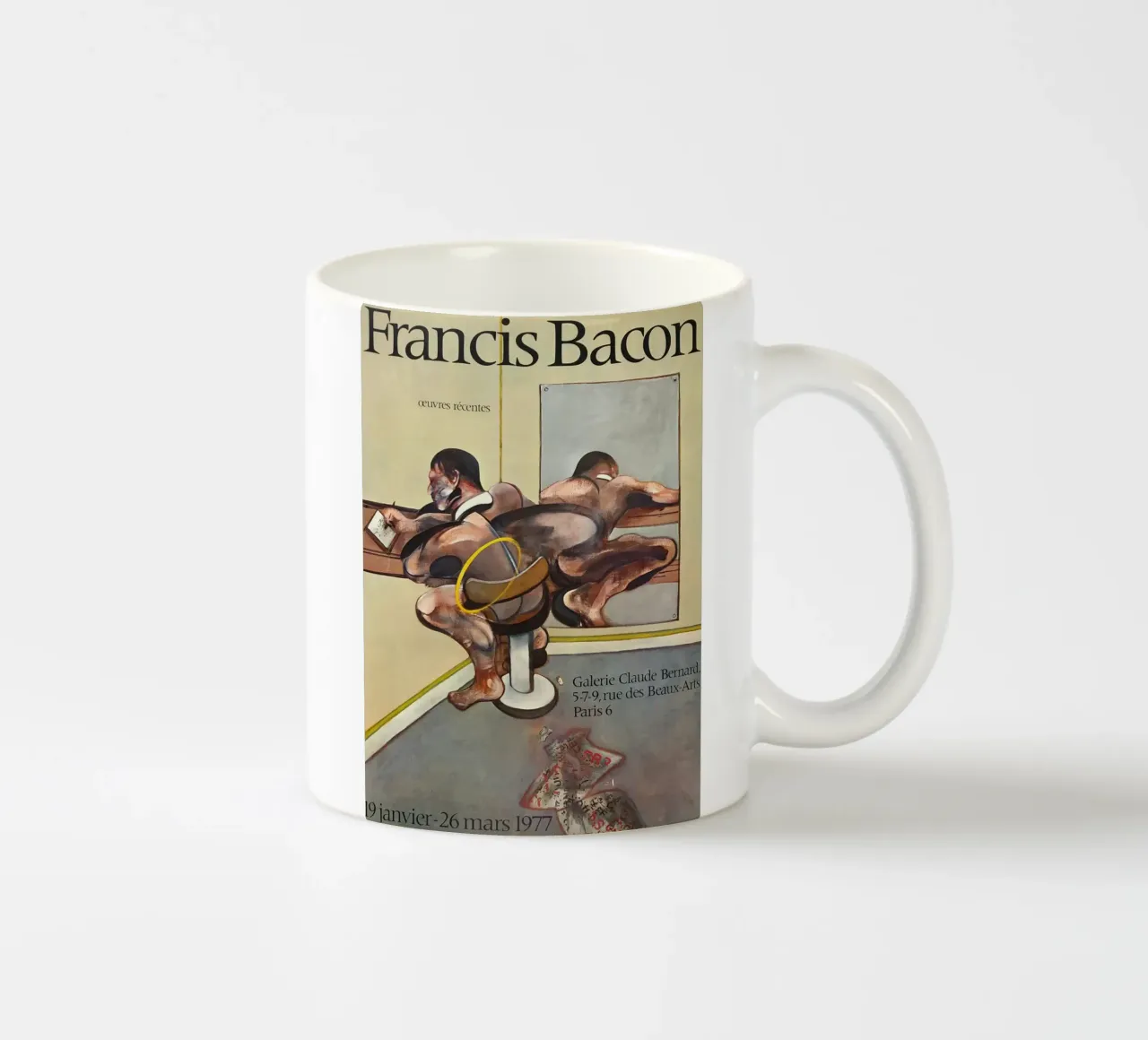 manifesto di mostra di francis bacon anni '70 tazza in ceramica da Collins Shop