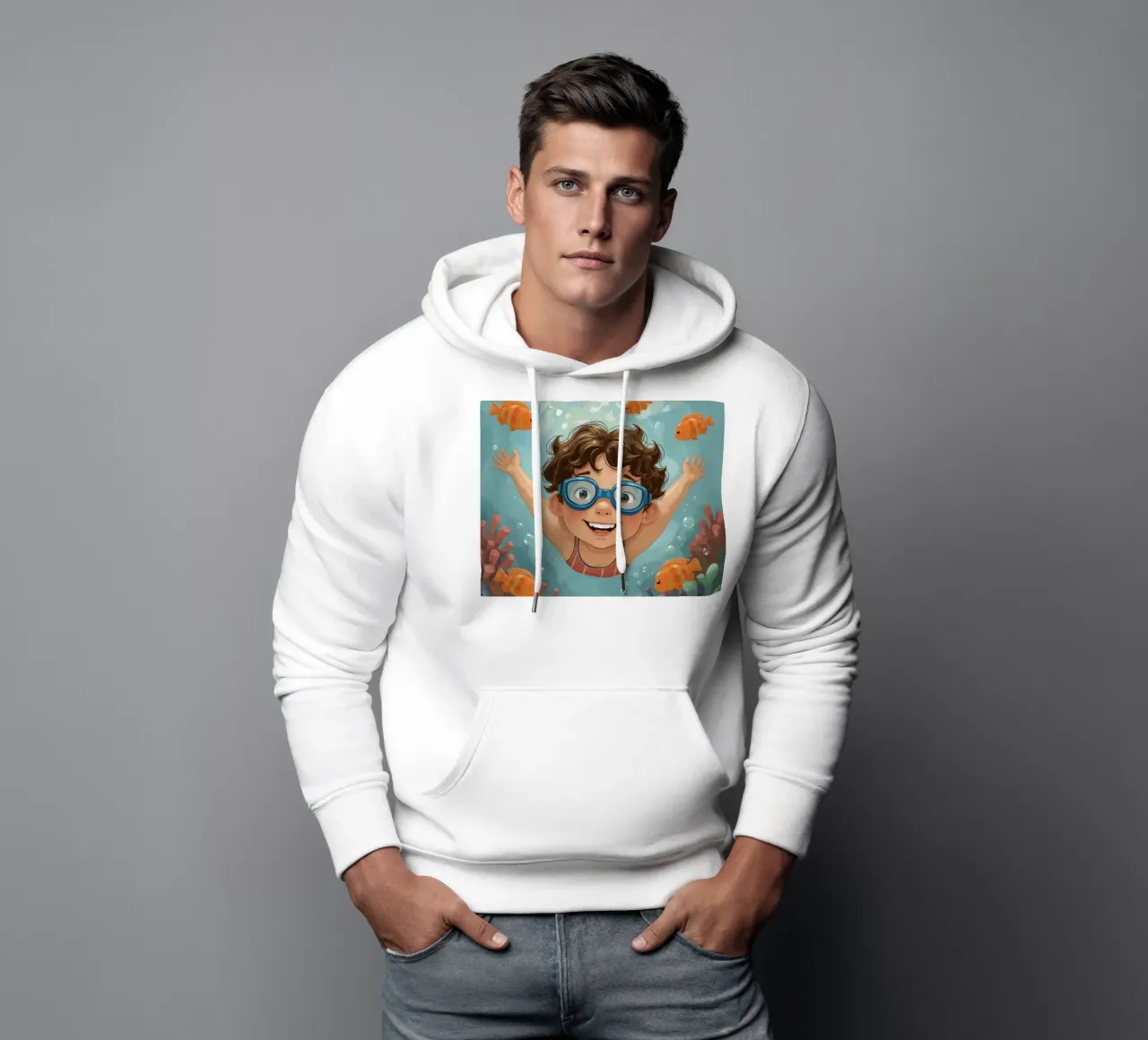Ragazzo con occhiali che nuota sott'acqua con pesci e coralli felpa con cappuccio da DesignDoodle