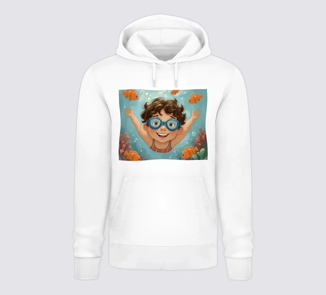 Ragazzo con occhiali che nuota sott'acqua con pesci e coralli felpa con cappuccio da DesignDoodle