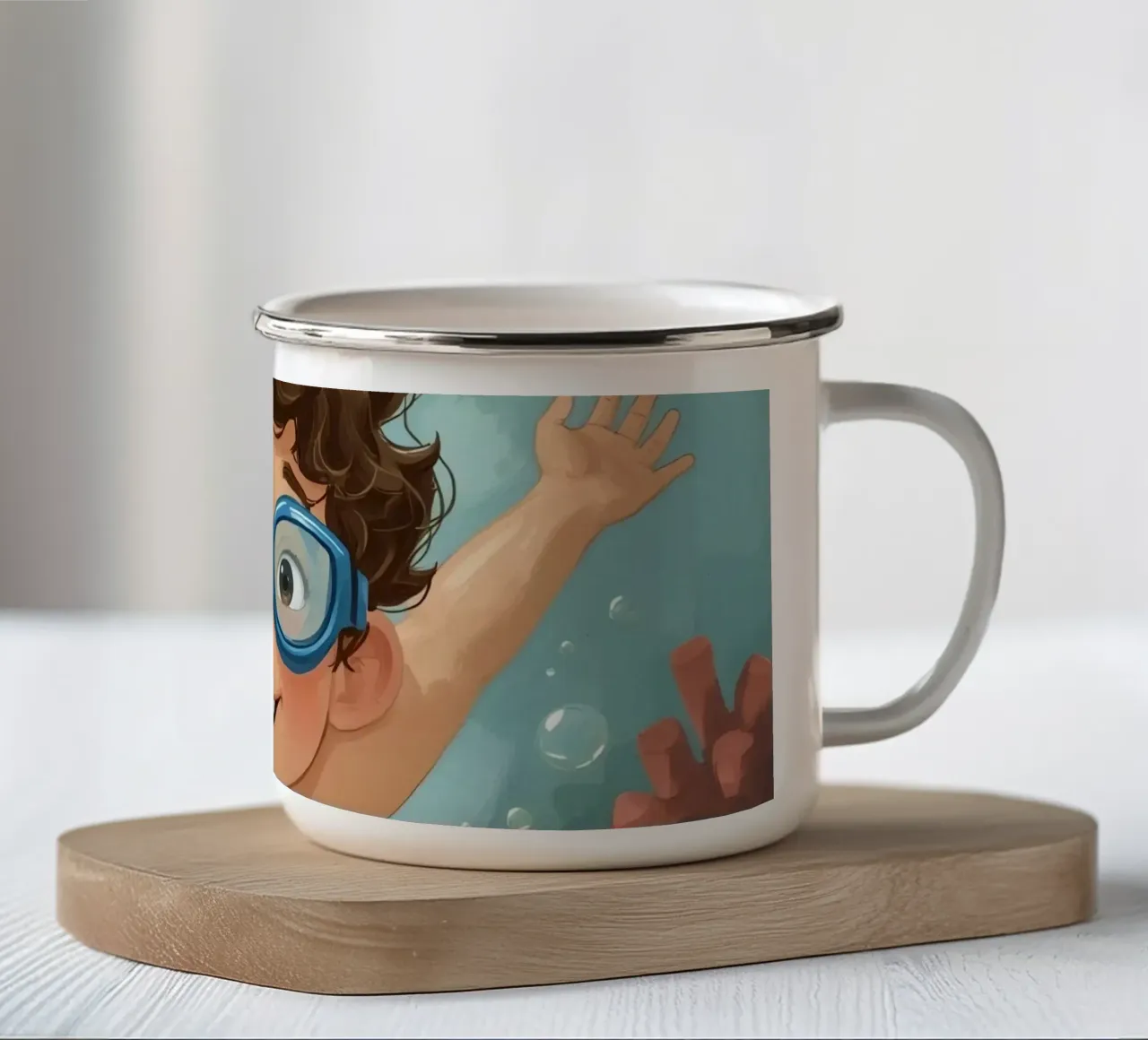 Ragazzo con occhiali che nuota sott'acqua con pesci e coralli tazza in smalto da DesignDoodle