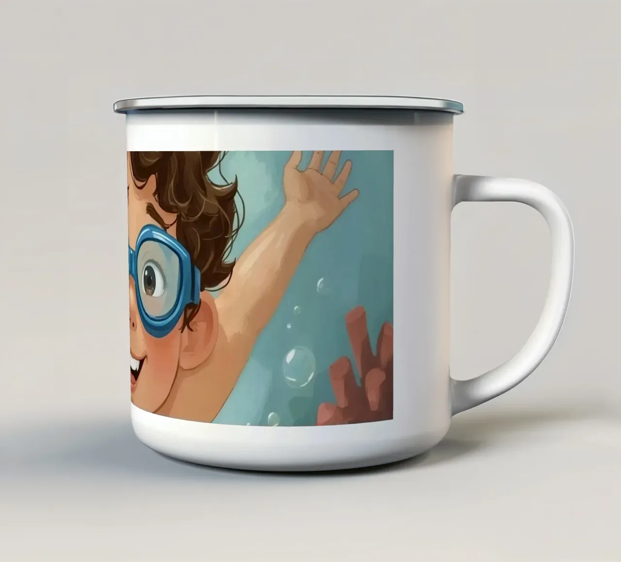 Ragazzo con occhiali che nuota sott'acqua con pesci e coralli tazza in smalto da DesignDoodle