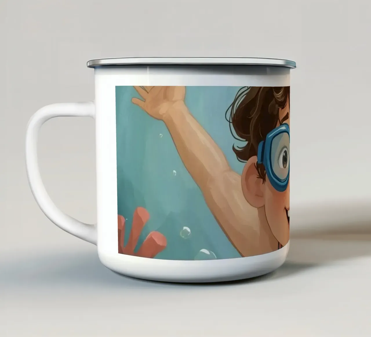 Ragazzo con occhiali che nuota sott'acqua con pesci e coralli tazza in smalto da DesignDoodle