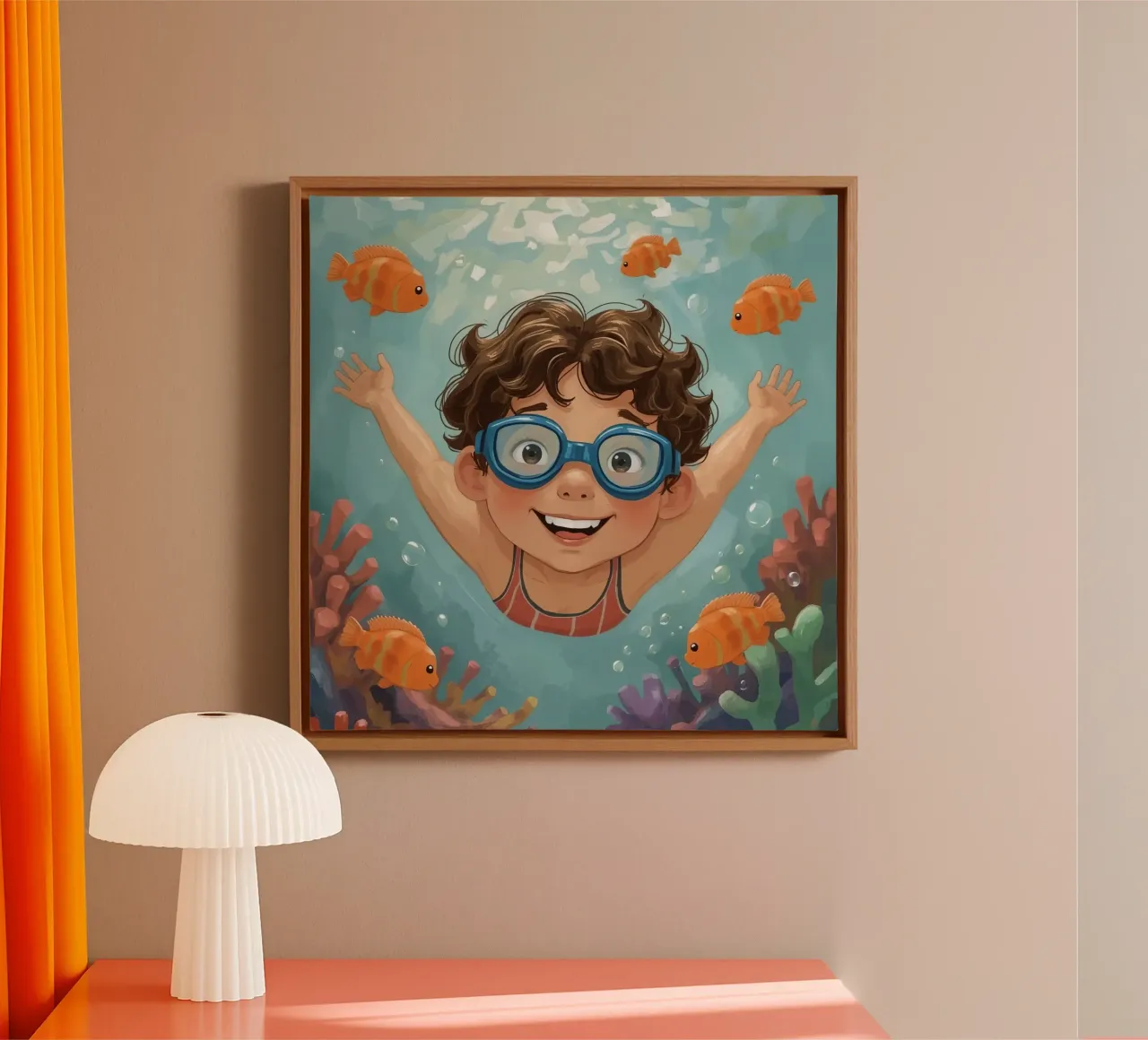 Boy with Goggles Swimming Underwater with Fish and Coral canvas with Floater frame by DesignDoodle