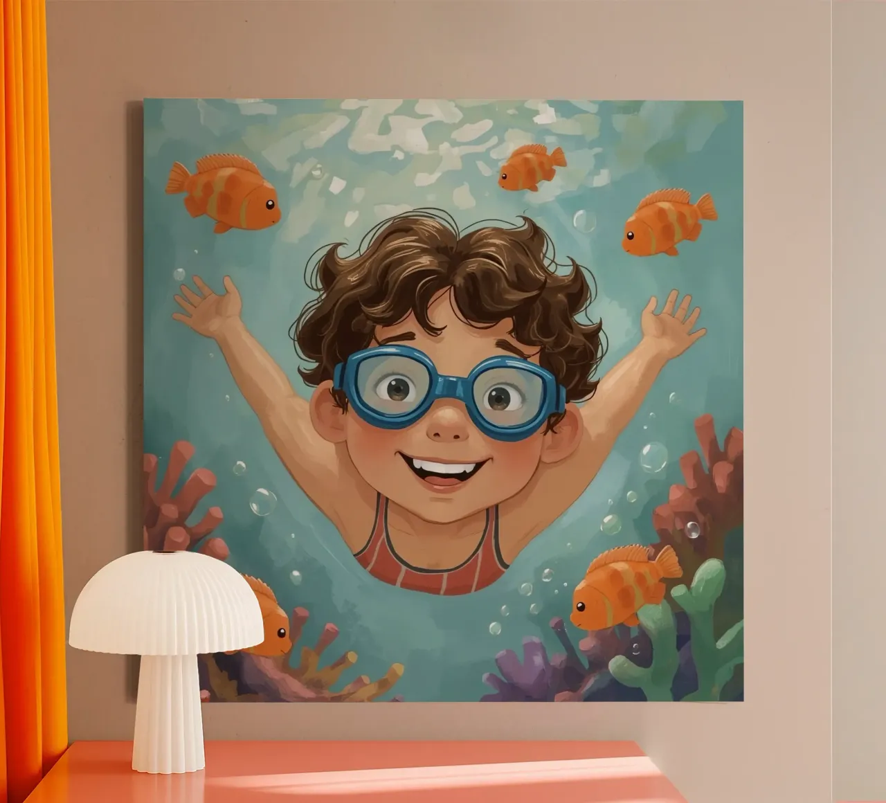 Boy with Goggles Swimming Underwater with Fish and Coral canvas with Floater frame by DesignDoodle