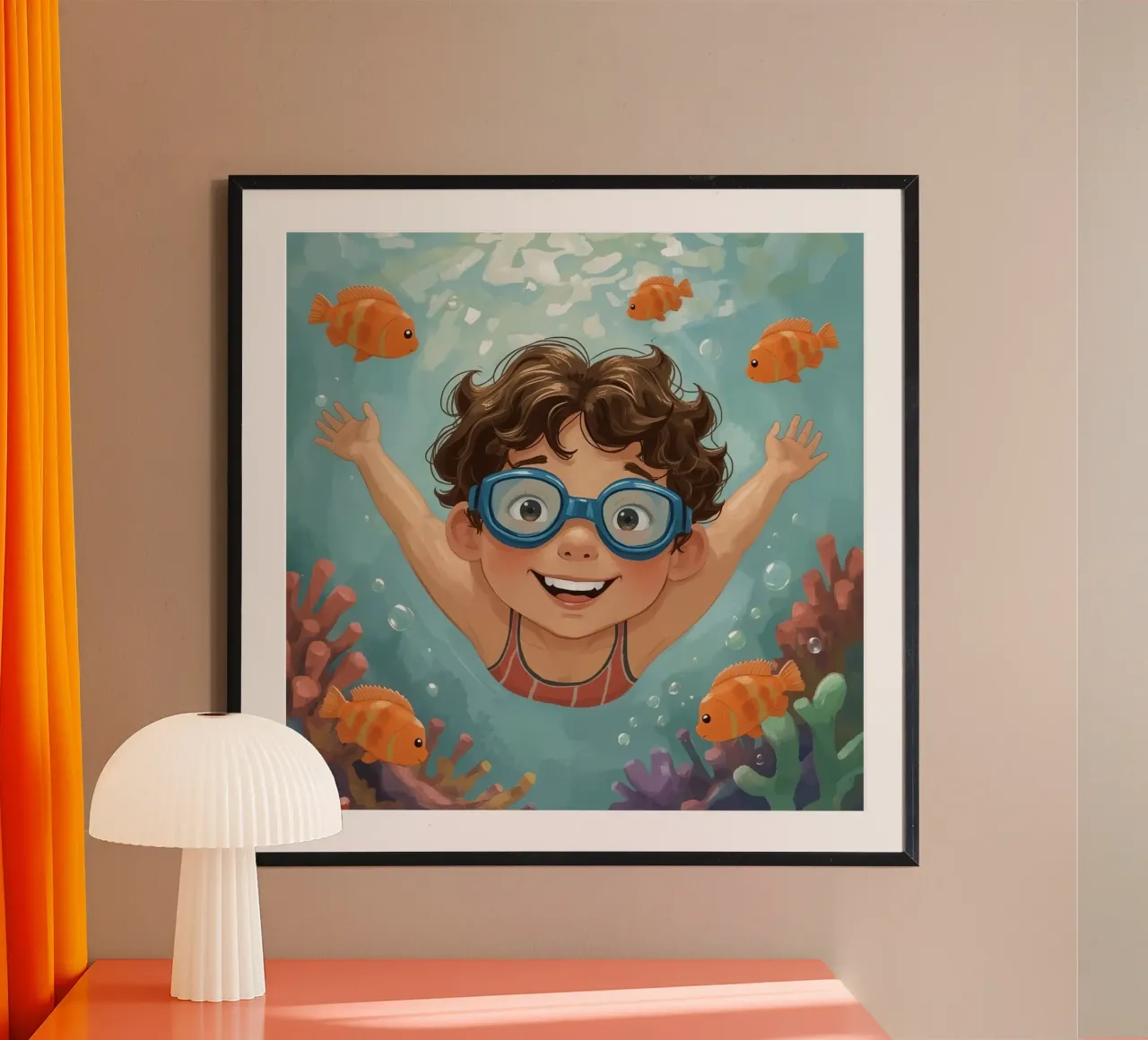 Ragazzo con occhiali che nuota sott'acqua con pesci e coralli poster con telaio in alluminio da DesignDoodle
