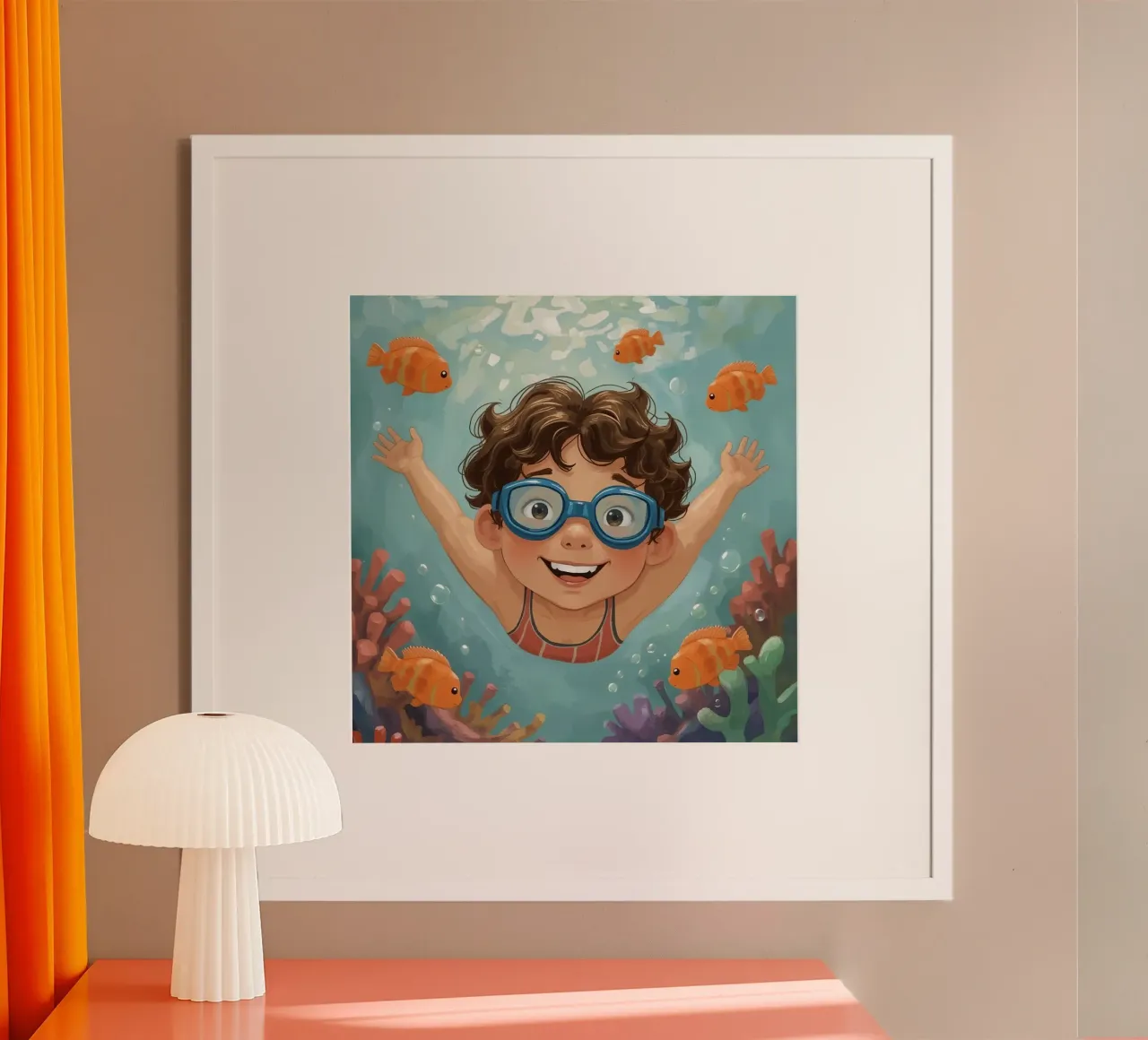 Ragazzo con occhiali che nuota sott'acqua con pesci e coralli poster con telaio in alluminio da DesignDoodle