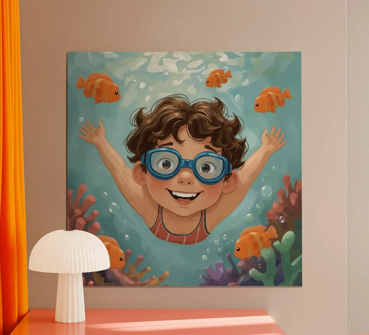 Ragazzo con occhiali che nuota sott'acqua con pesci e coralli poster con telaio in alluminio da DesignDoodle