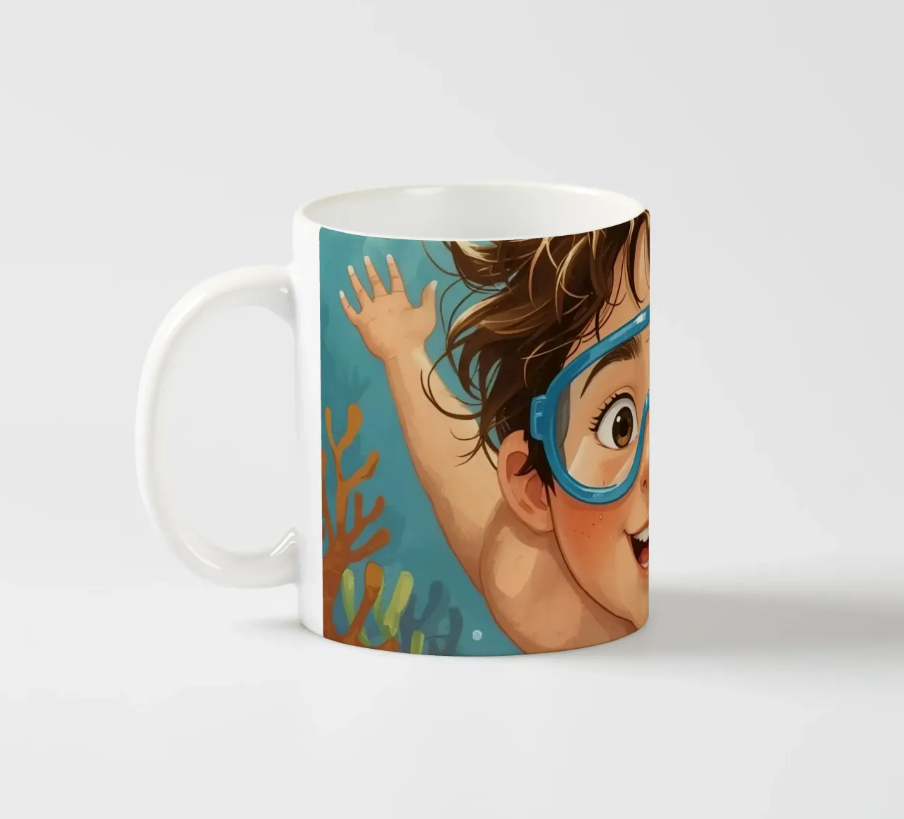 Ragazzo con occhiali che nuota sott'acqua con i pesci tazza in ceramica da DesignDoodle