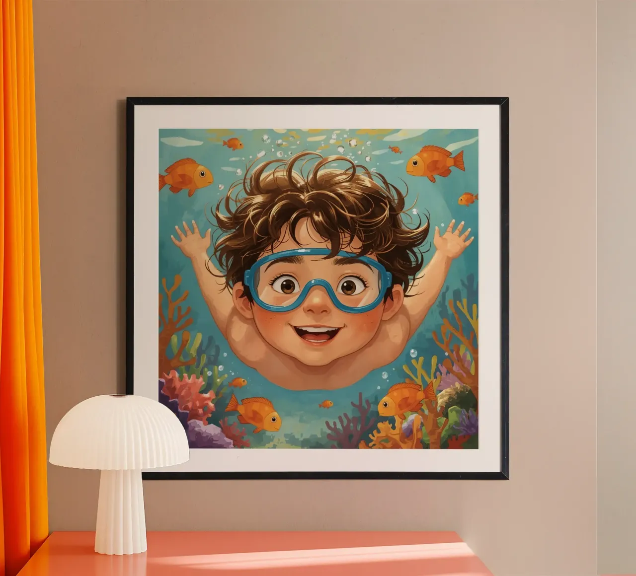 Ragazzo con occhiali che nuota sott'acqua con i pesci poster con telaio in alluminio da DesignDoodle