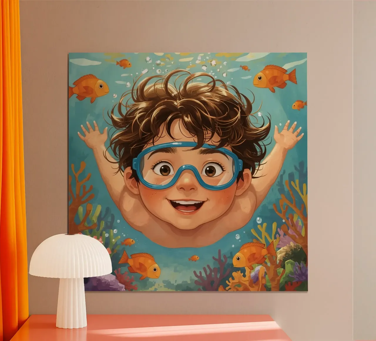Ragazzo con occhiali che nuota sott'acqua con i pesci poster con telaio in alluminio da DesignDoodle
