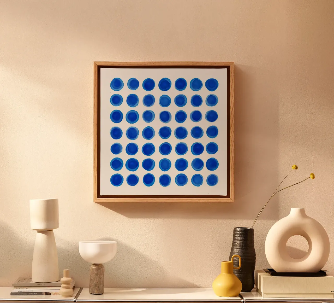 Abstract blue ink dots canvas with Floater frame by Martina