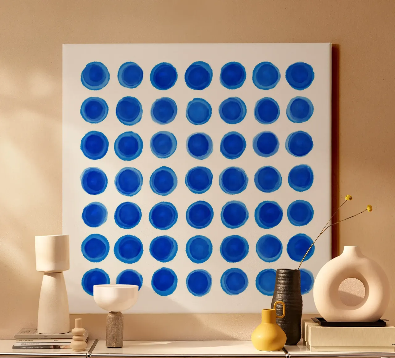 Abstract blue ink dots canvas with Floater frame by Martina