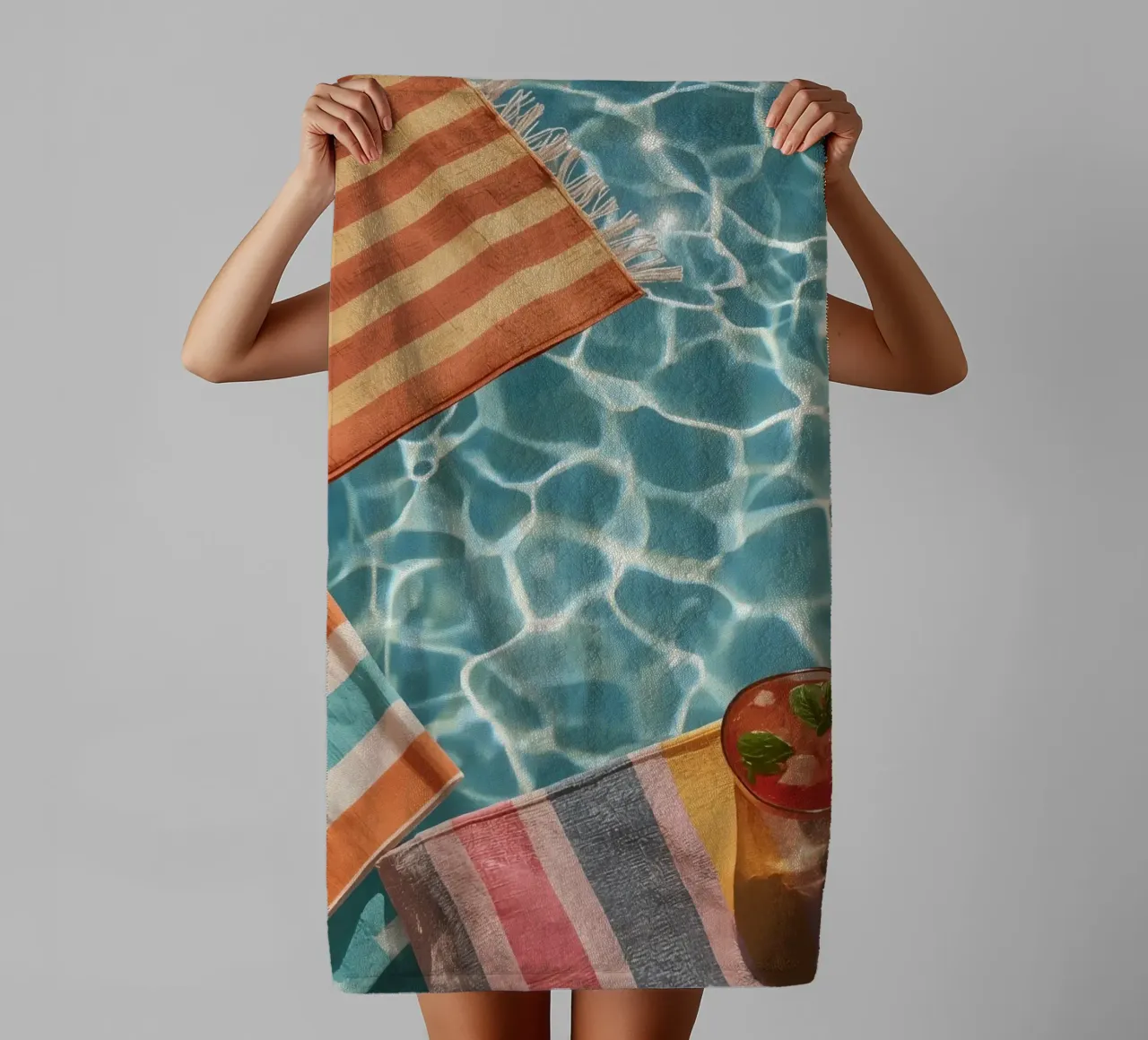 Cocktails on Striped Rugs Floating in Pool Water towel by DesignDoodle