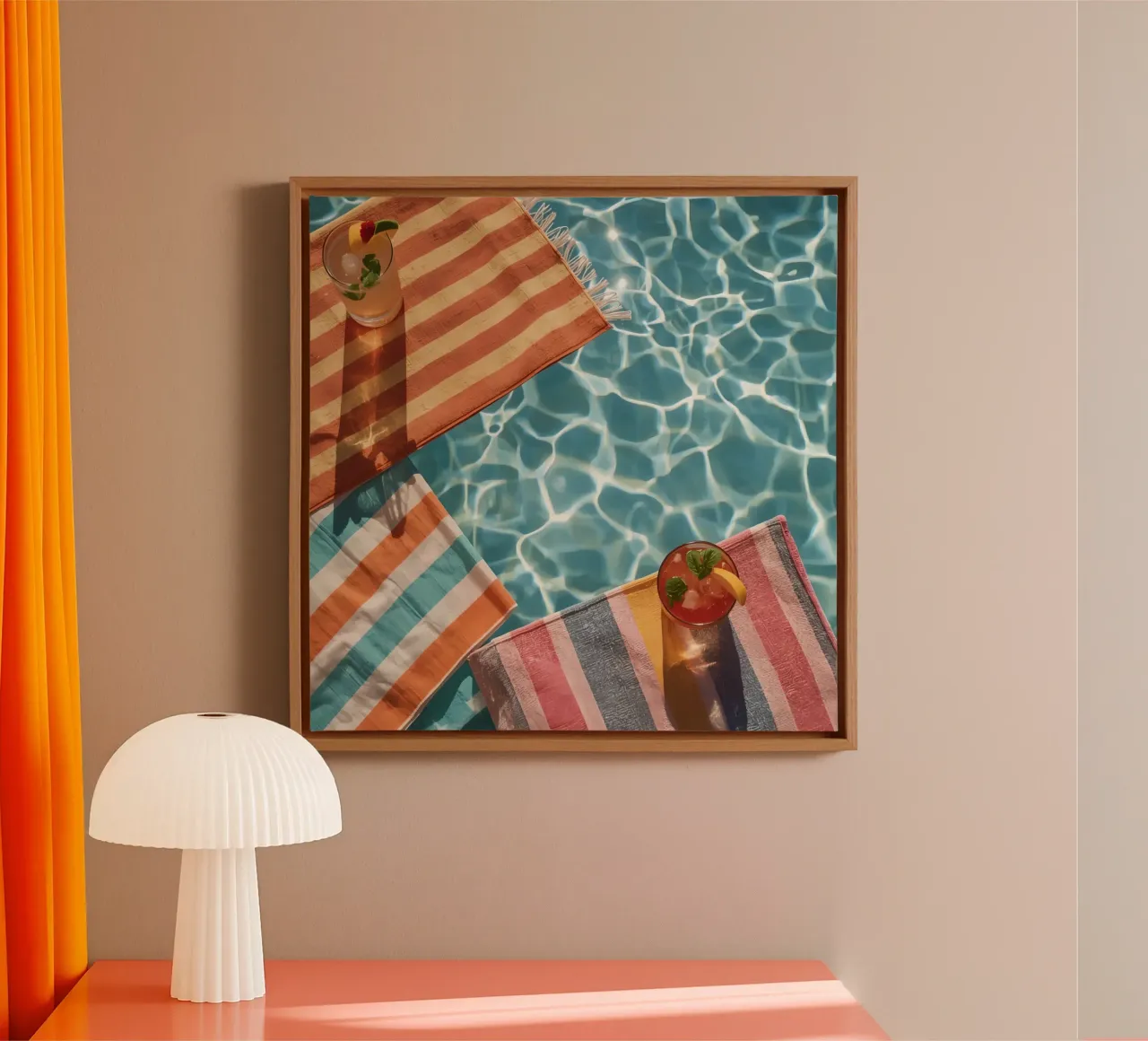 Cocktails on Striped Rugs Floating in Pool Water canvas with Floater frame by DesignDoodle