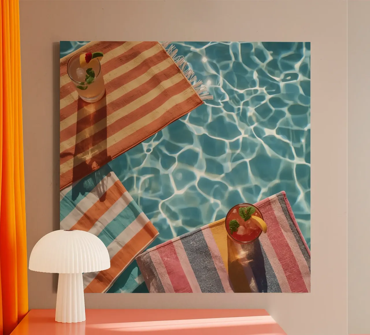 Cocktails on Striped Rugs Floating in Pool Water canvas with Floater frame by DesignDoodle