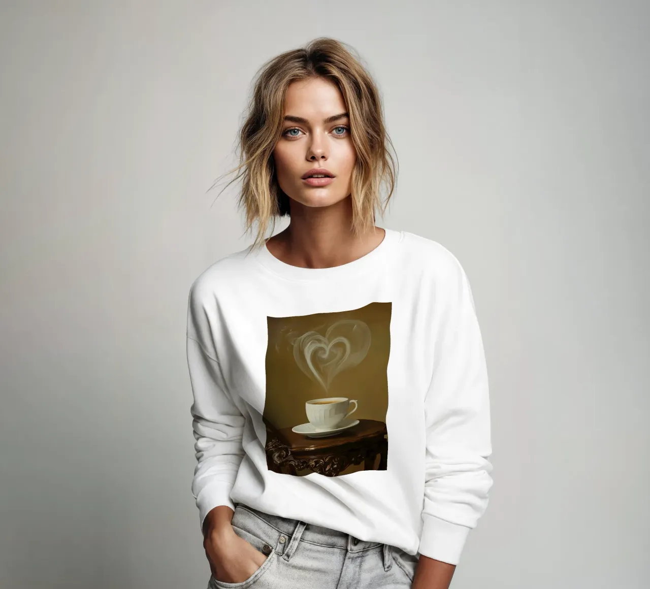 Tazza di caffè con vapore a forma di cuore sul tavolo felpa da DesignDoodle