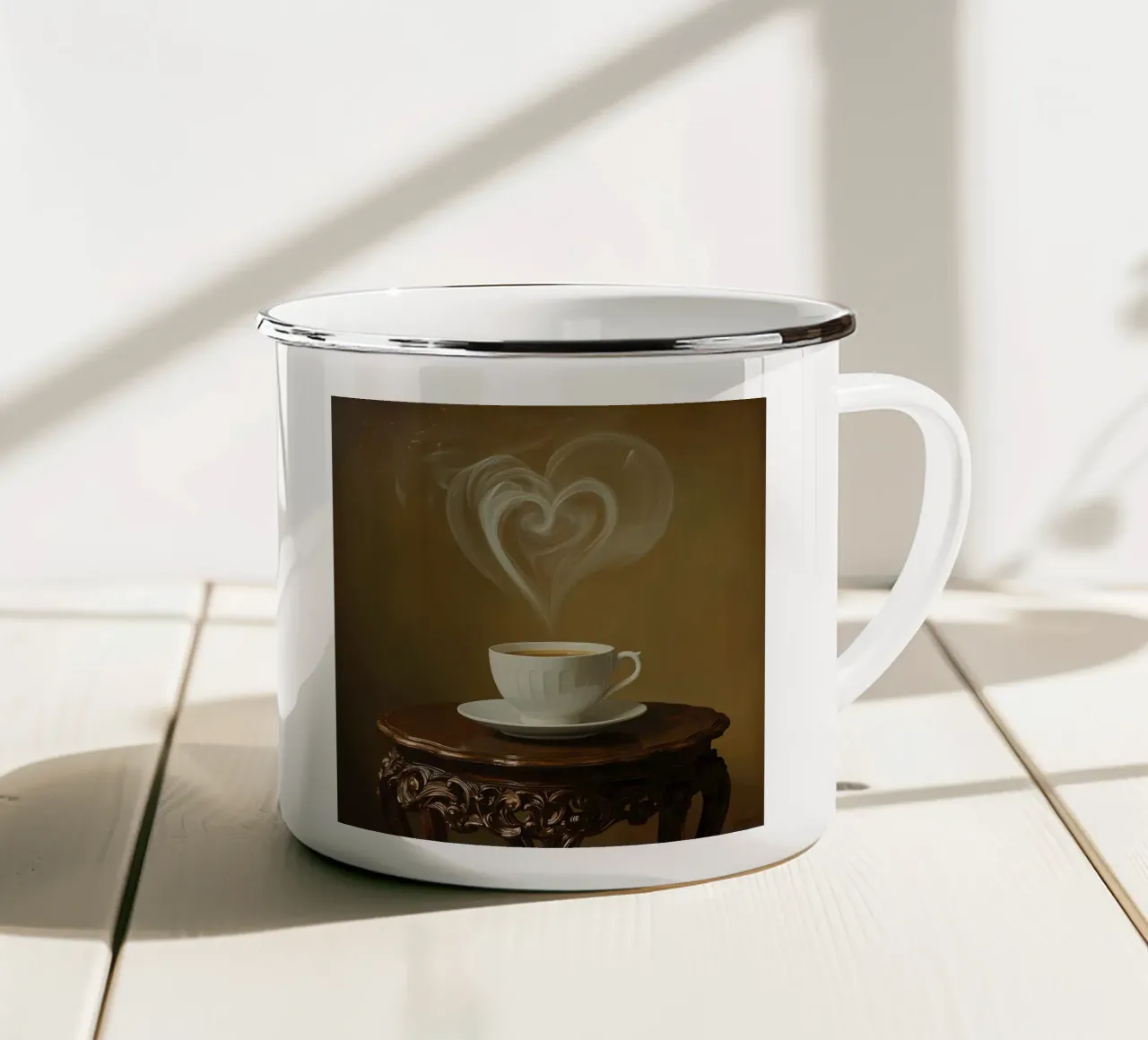 Tazza di caffè con vapore a forma di cuore sul tavolo tazza in smalto da DesignDoodle