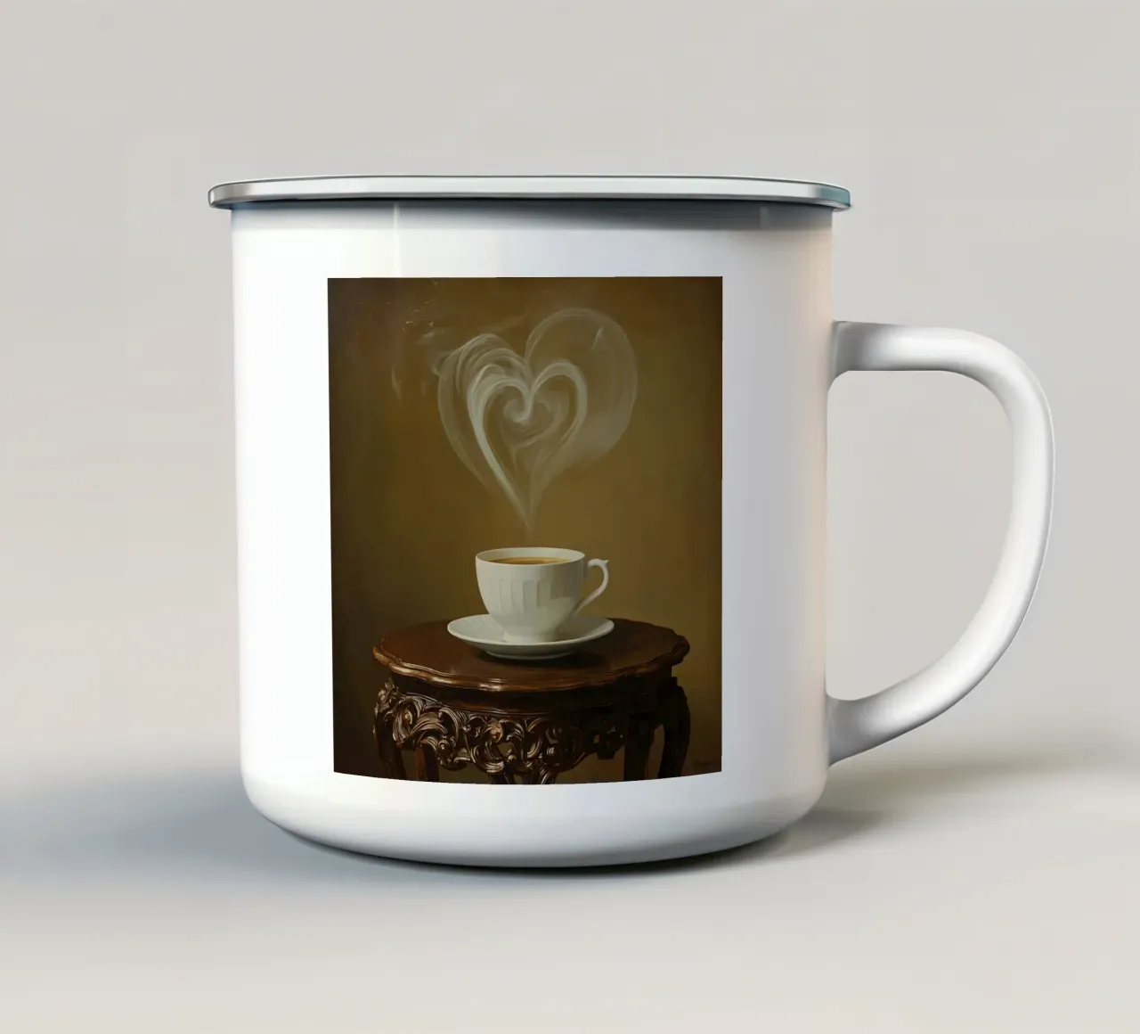 Tazza di caffè con vapore a forma di cuore sul tavolo tazza in smalto da DesignDoodle