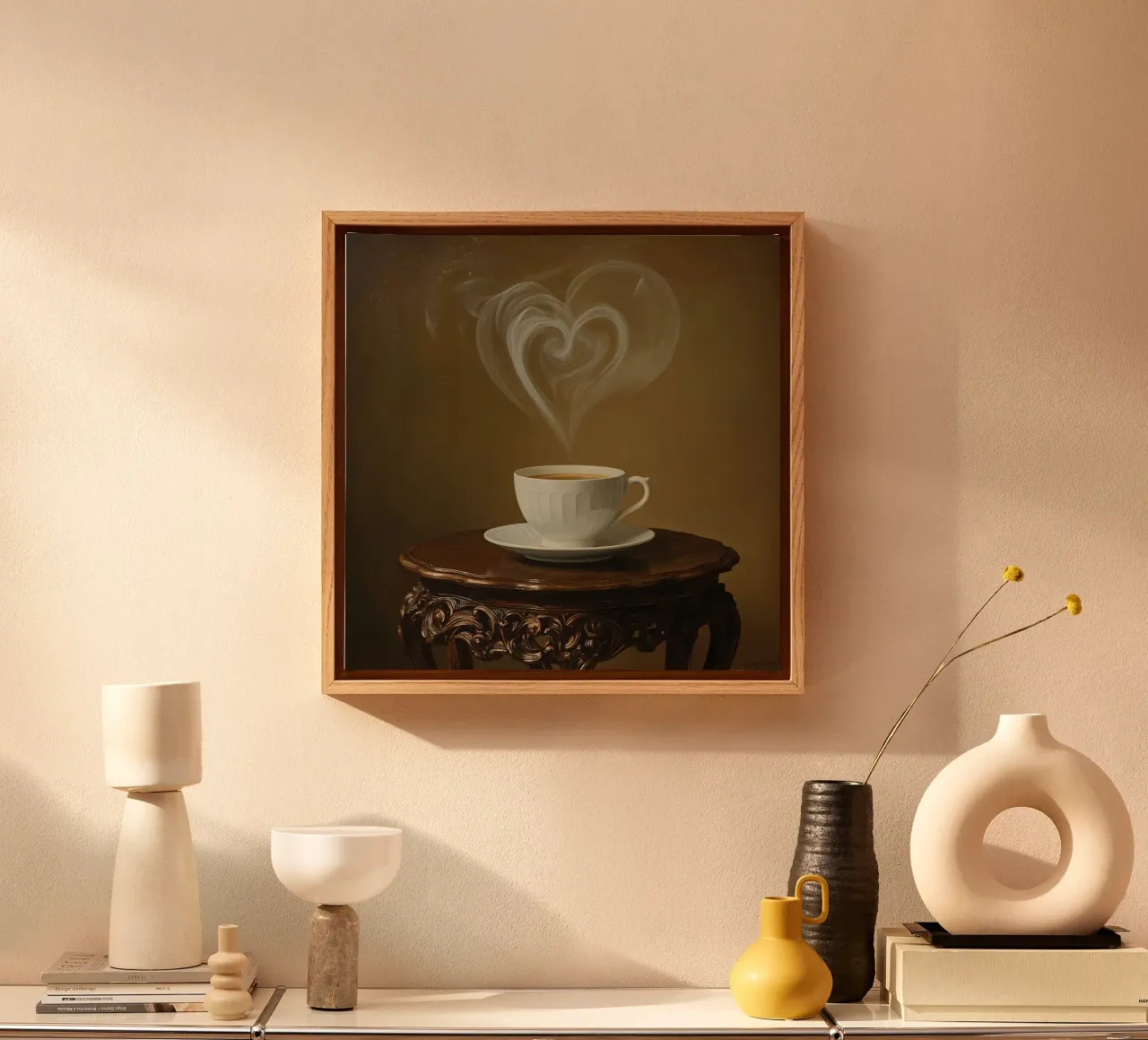 Tazza di caffè con vapore a forma di cuore sul tavolo tela con Cornice a cassetta da DesignDoodle