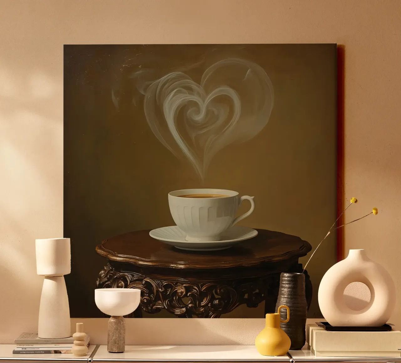 Tazza di caffè con vapore a forma di cuore sul tavolo tela con Cornice a cassetta da DesignDoodle
