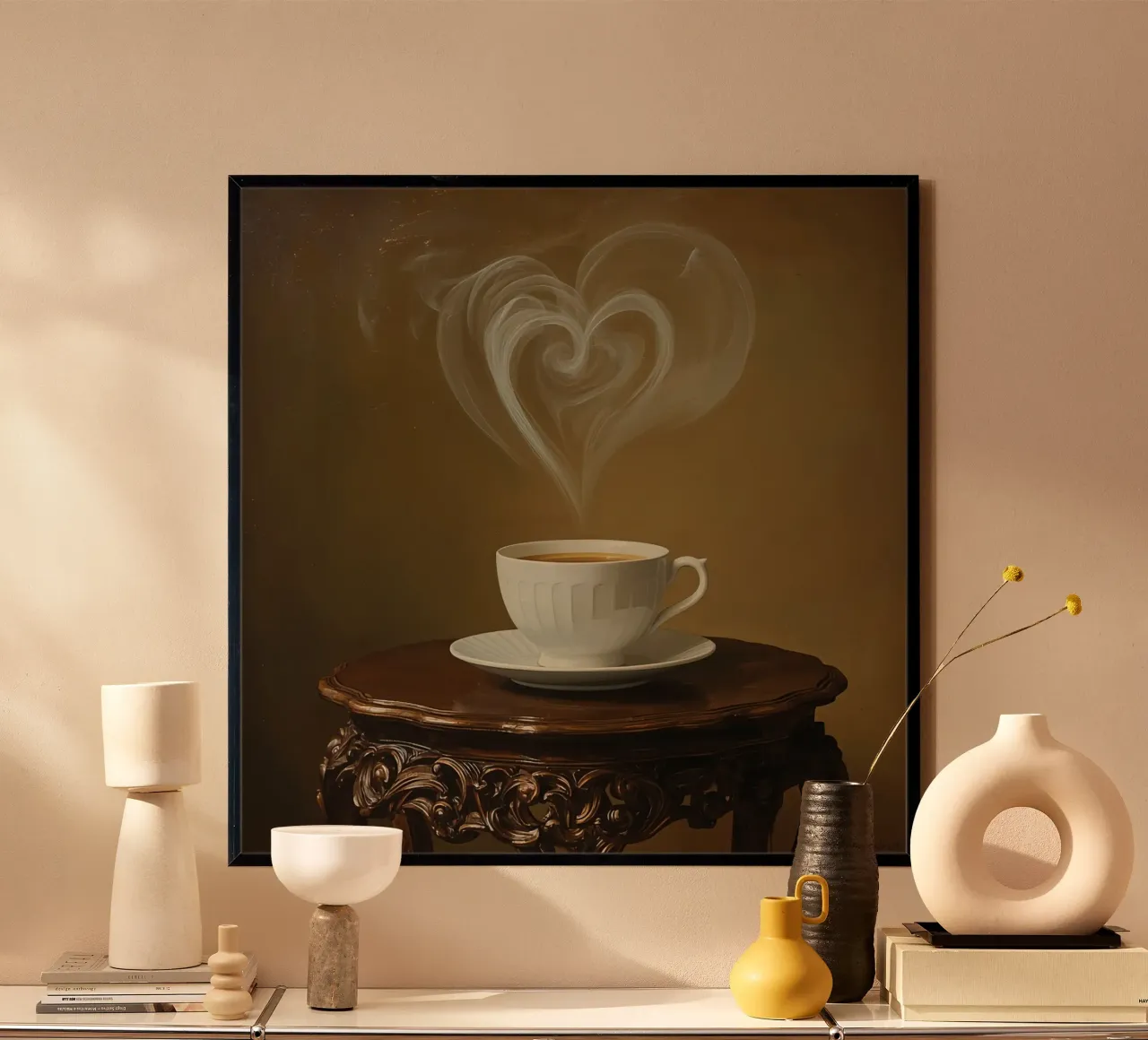 Tazza di caffè con vapore a forma di cuore sul tavolo poster con telaio in legno da DesignDoodle