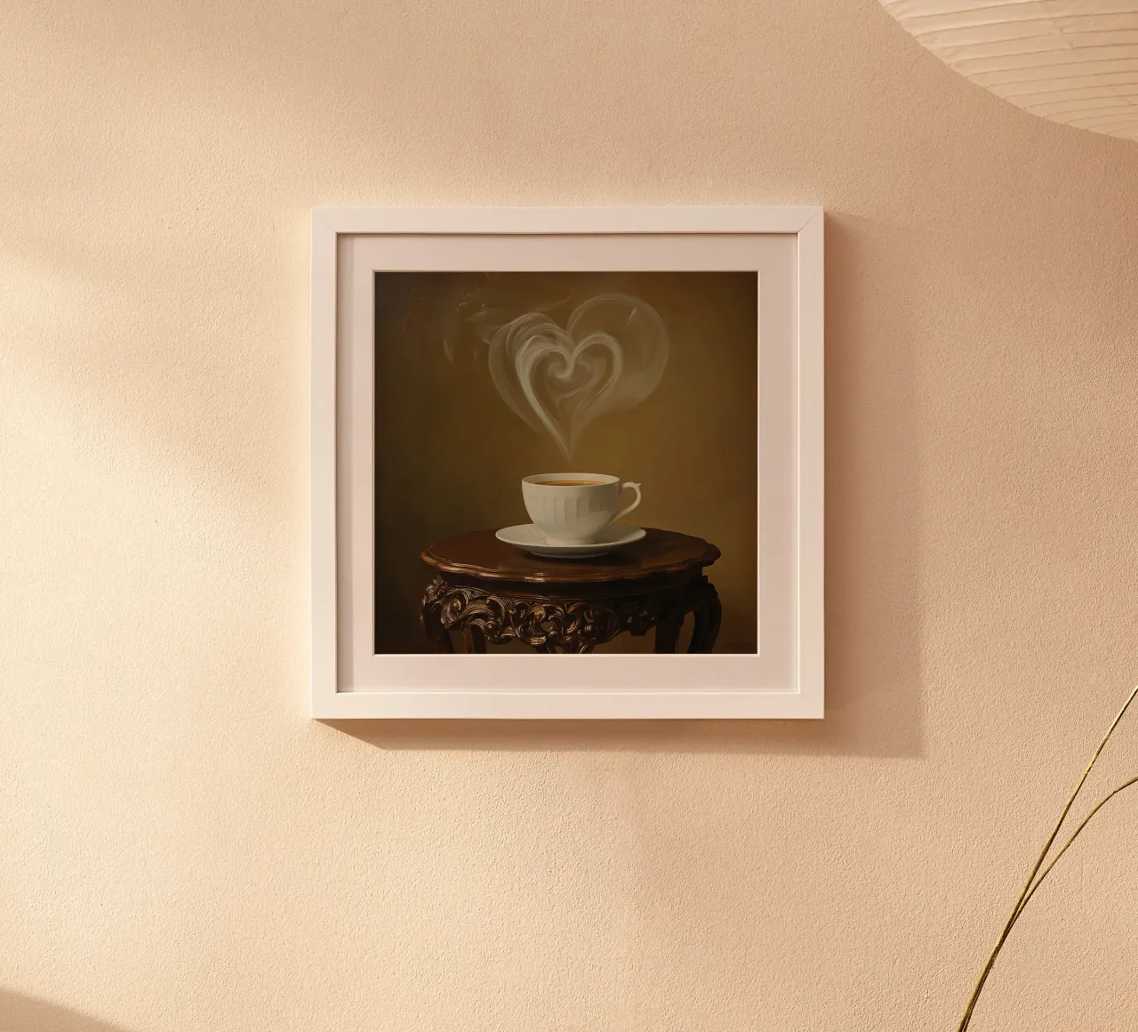 Tazza di caffè con vapore a forma di cuore sul tavolo poster con telaio in legno da DesignDoodle