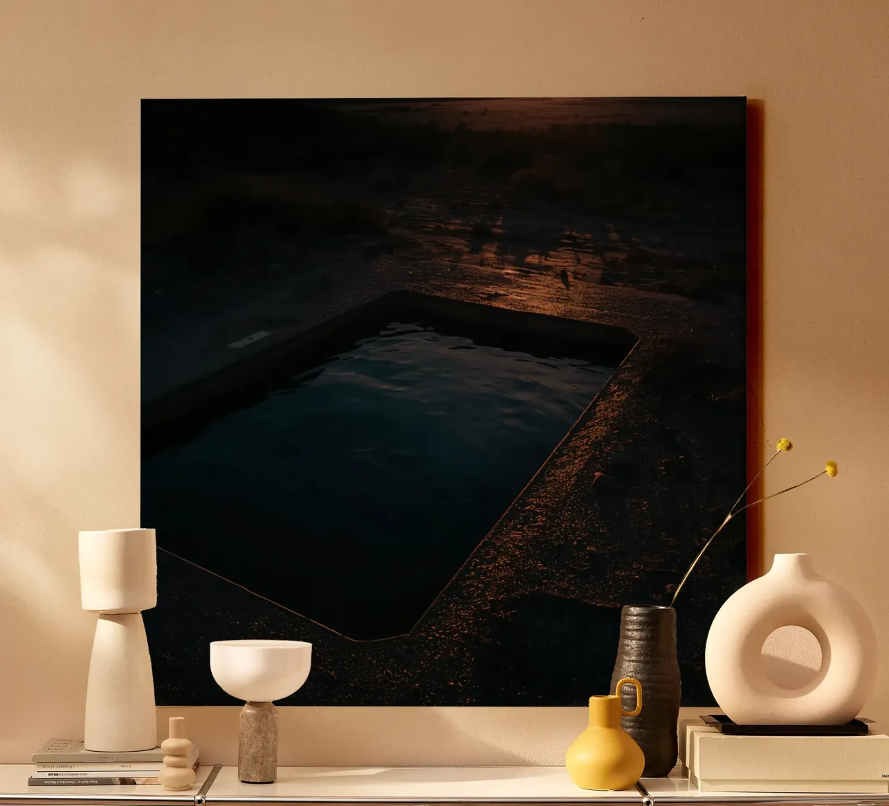Concrete Pool in Desolate Landscape at Sunset canvas with Floater frame by DesignDoodle