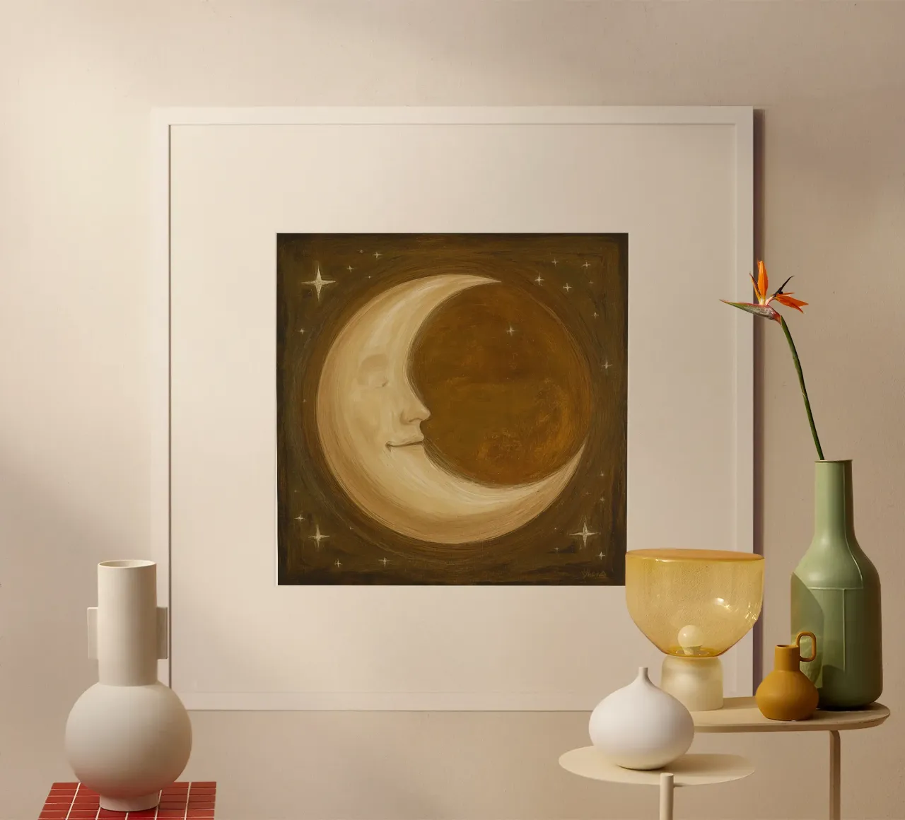 Luna crescente con volto e stelle poster da DesignDoodle