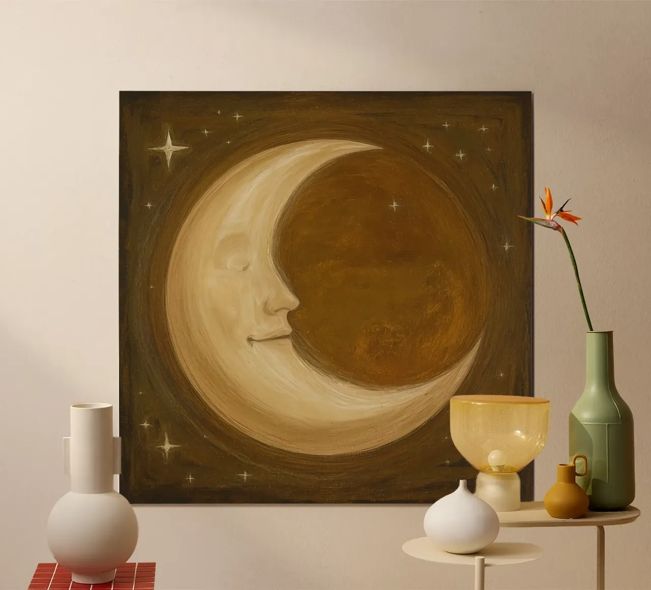 Luna crescente con volto e stelle poster da DesignDoodle