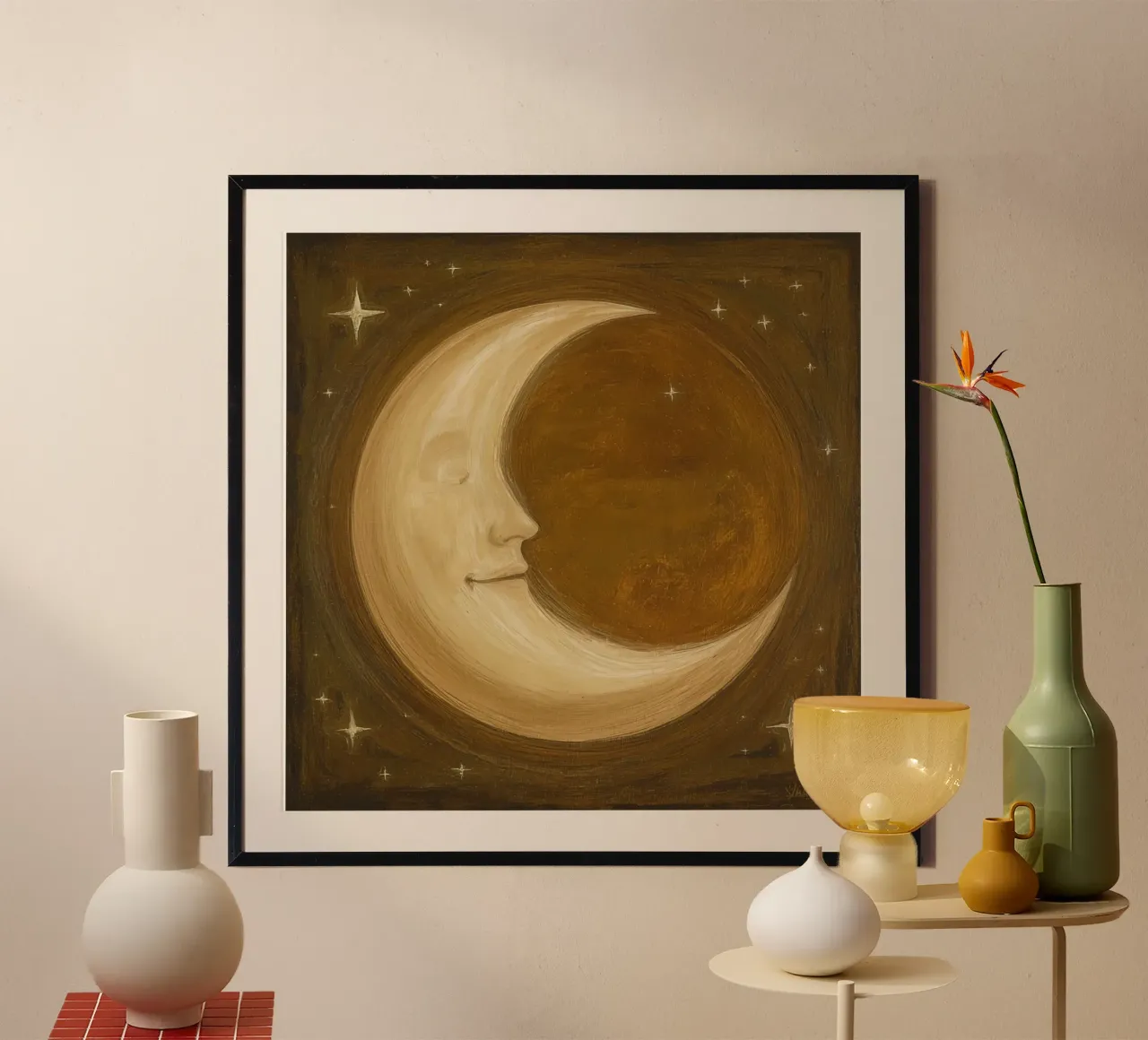 Luna crescente con volto e stelle poster da DesignDoodle