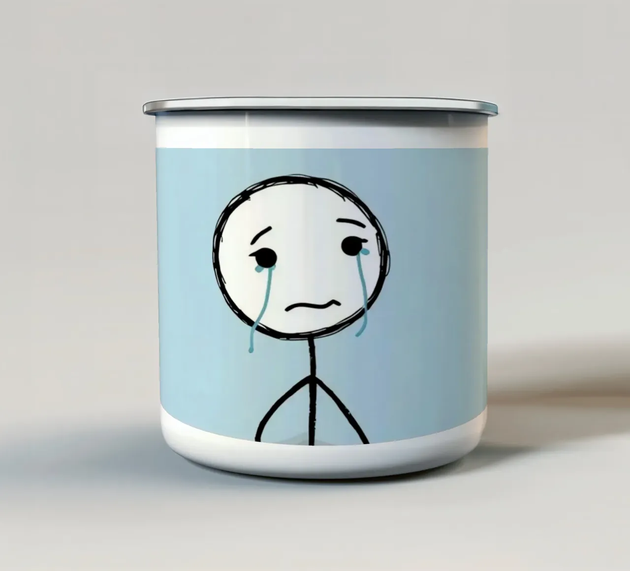 Figura di bastone piangente seduta su una strada grigia tazza in smalto da DesignDoodle