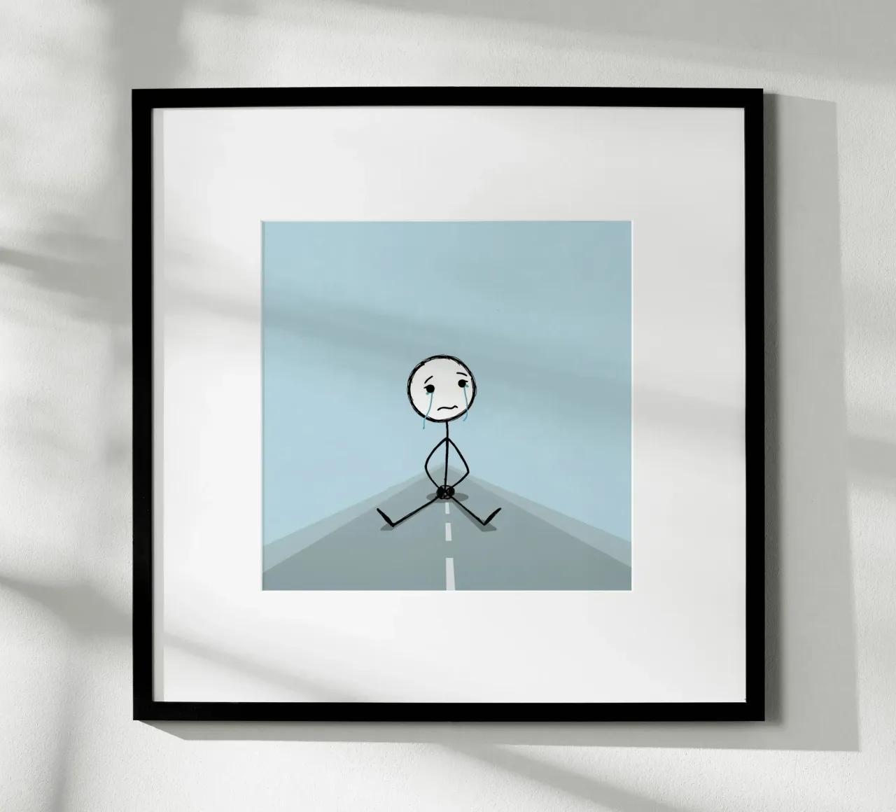 Figura di bastone piangente seduta su una strada grigia poster con telaio in plastica da DesignDoodle