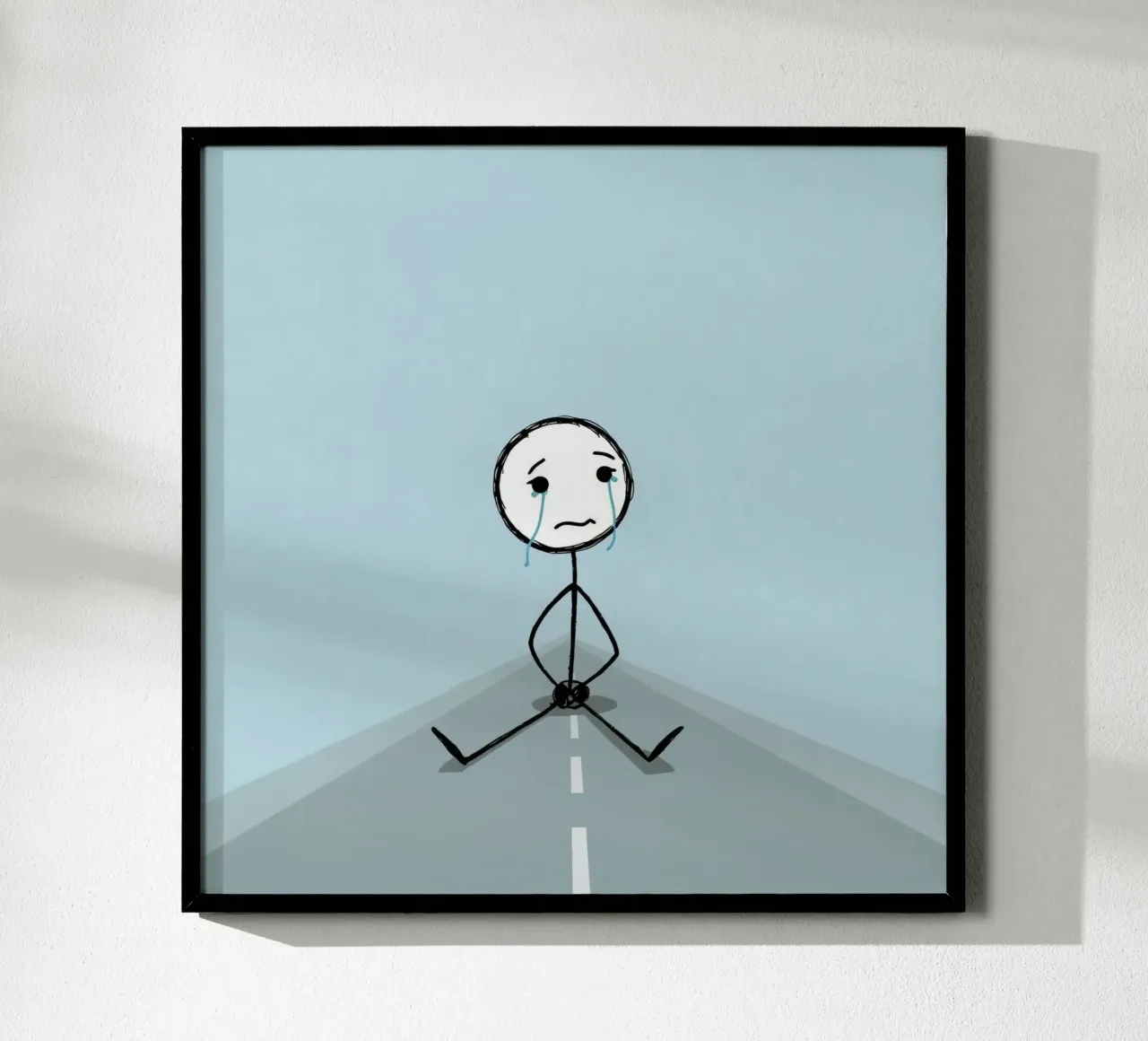 Figura di bastone piangente seduta su una strada grigia poster con telaio in plastica da DesignDoodle