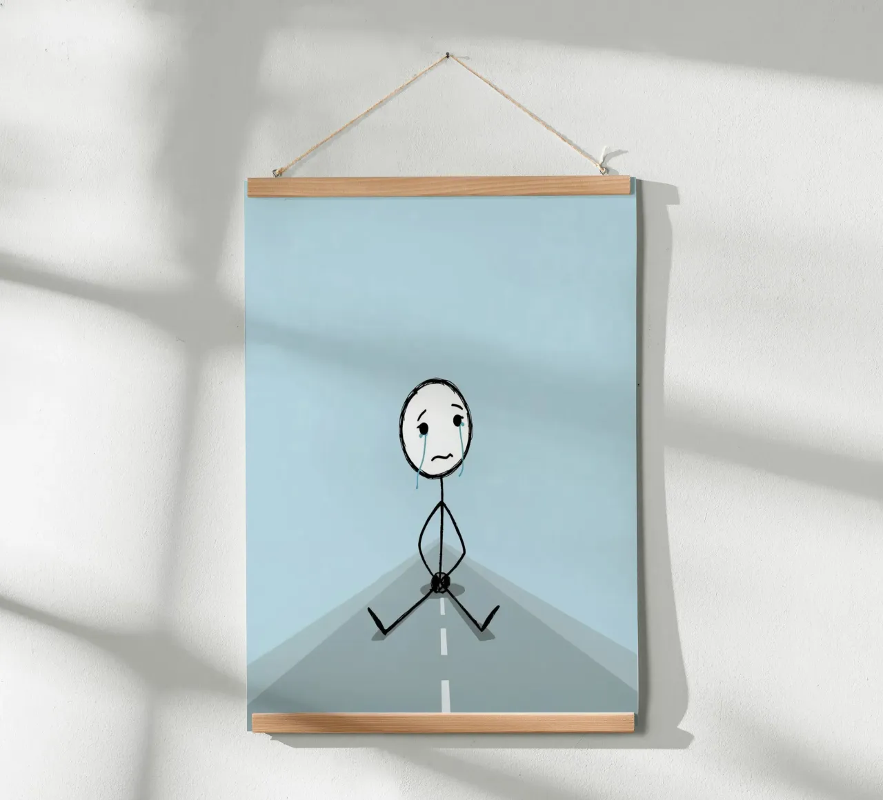 Figura di bastone piangente seduta su una strada grigia poster con telaio in plastica da DesignDoodle