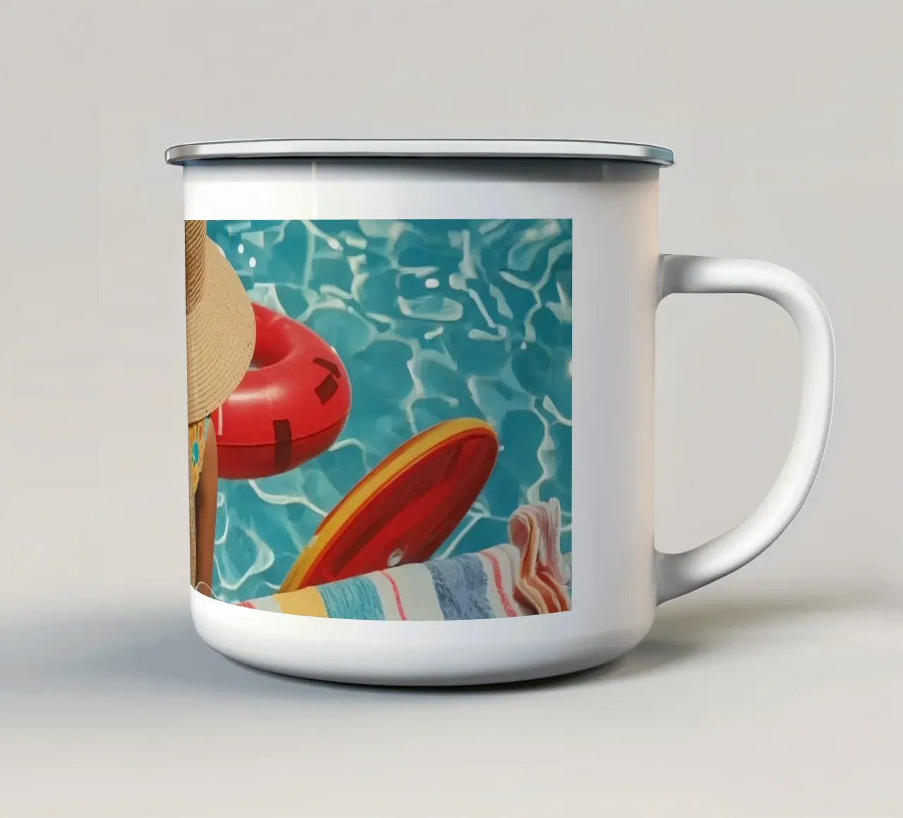 Drinks Hats and Pool Float Beside Swimming Pool enamel mug by DesignDoodle