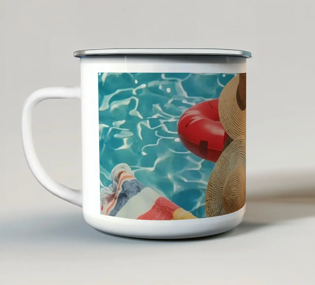 Drinks Hats and Pool Float Beside Swimming Pool enamel mug by DesignDoodle