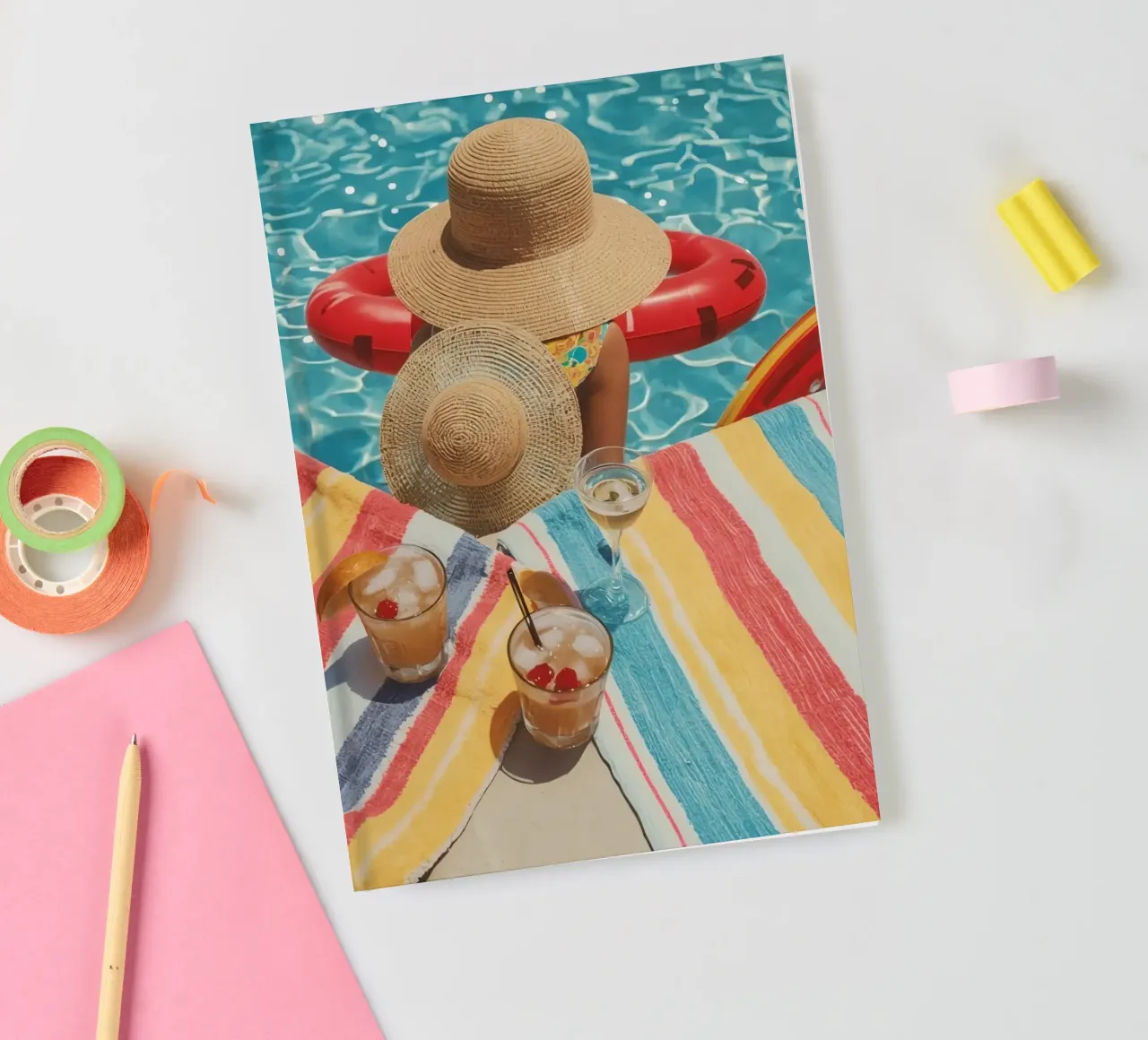 Drinks Hats and Pool Float Beside Swimming Pool notebook by DesignDoodle