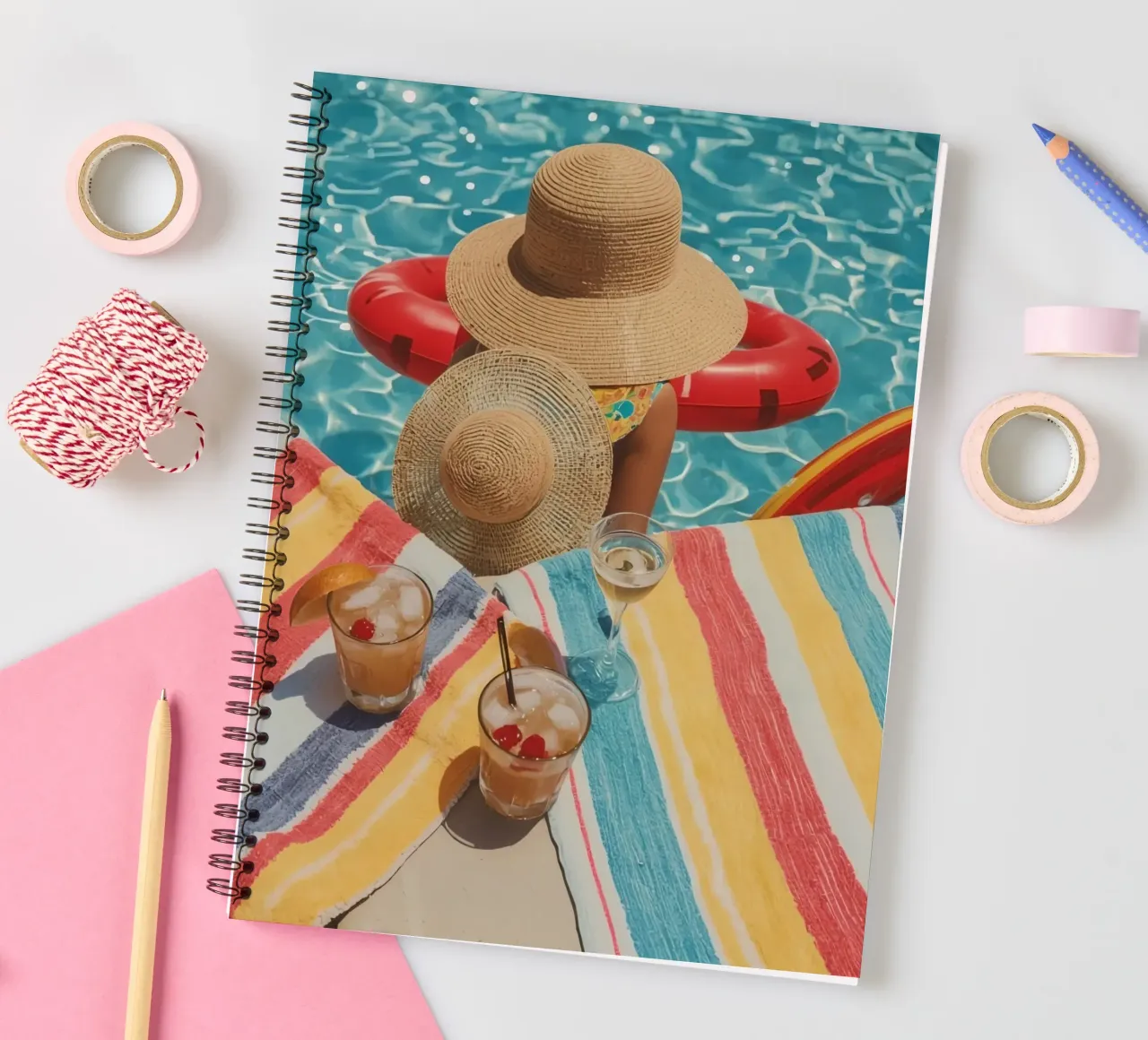 Drinks Hats and Pool Float Beside Swimming Pool spiral notebook by DesignDoodle