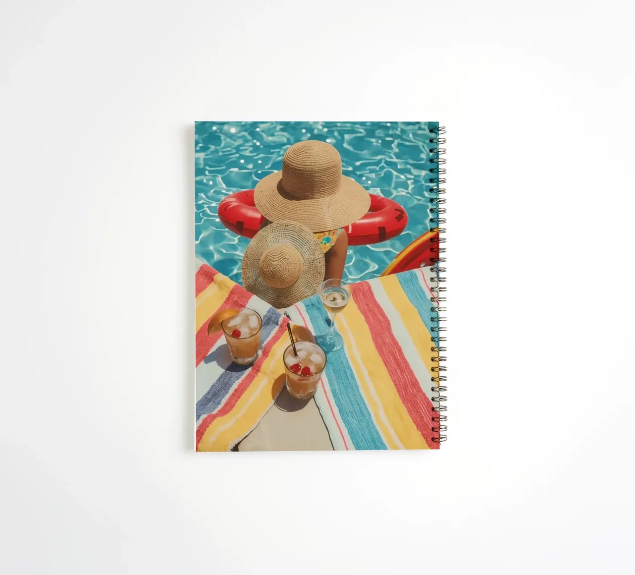 Drinks Hats and Pool Float Beside Swimming Pool spiral notebook by DesignDoodle
