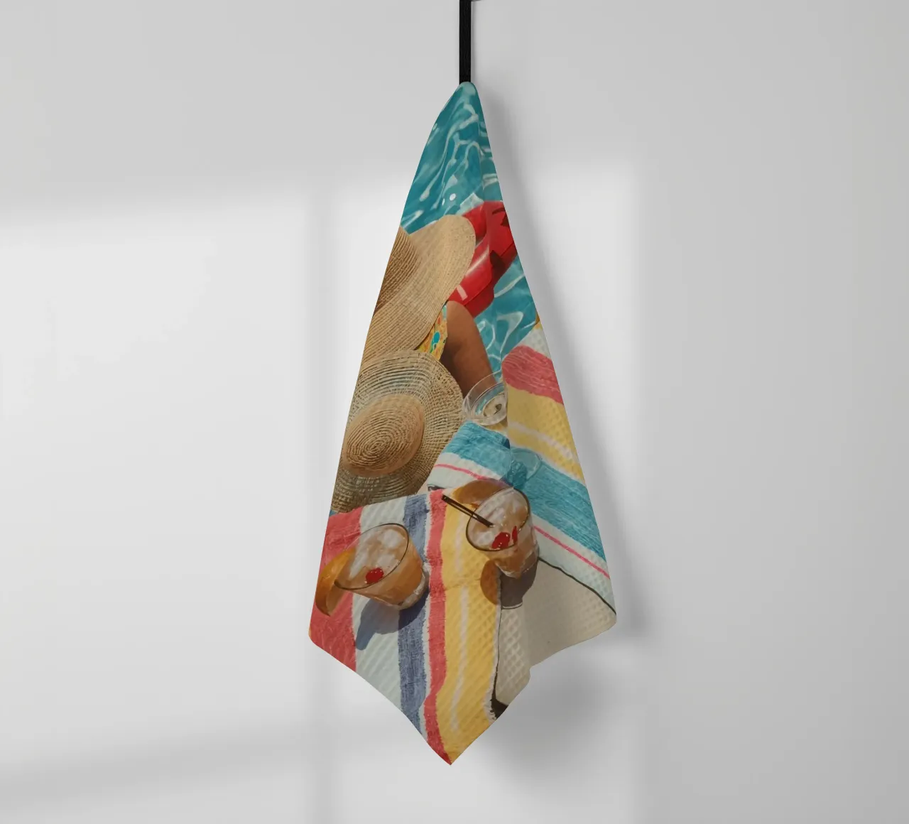 Drinks Hats and Pool Float Beside Swimming Pool tea towel by DesignDoodle