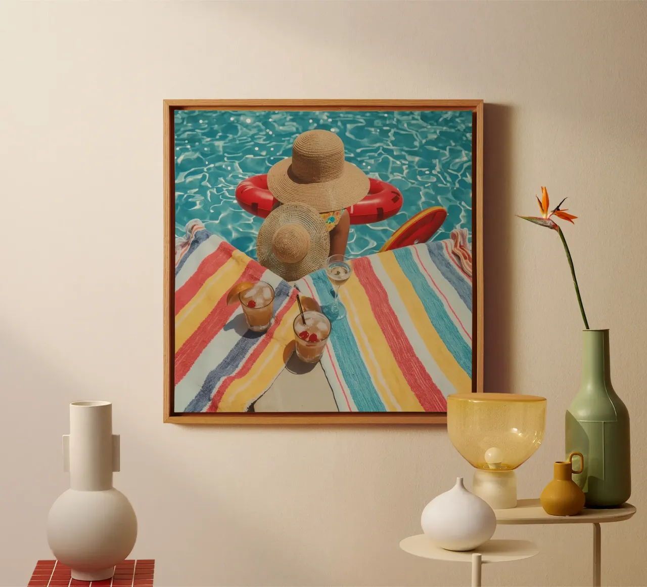 Drinks Hats and Pool Float Beside Swimming Pool canvas with Floater frame by DesignDoodle
