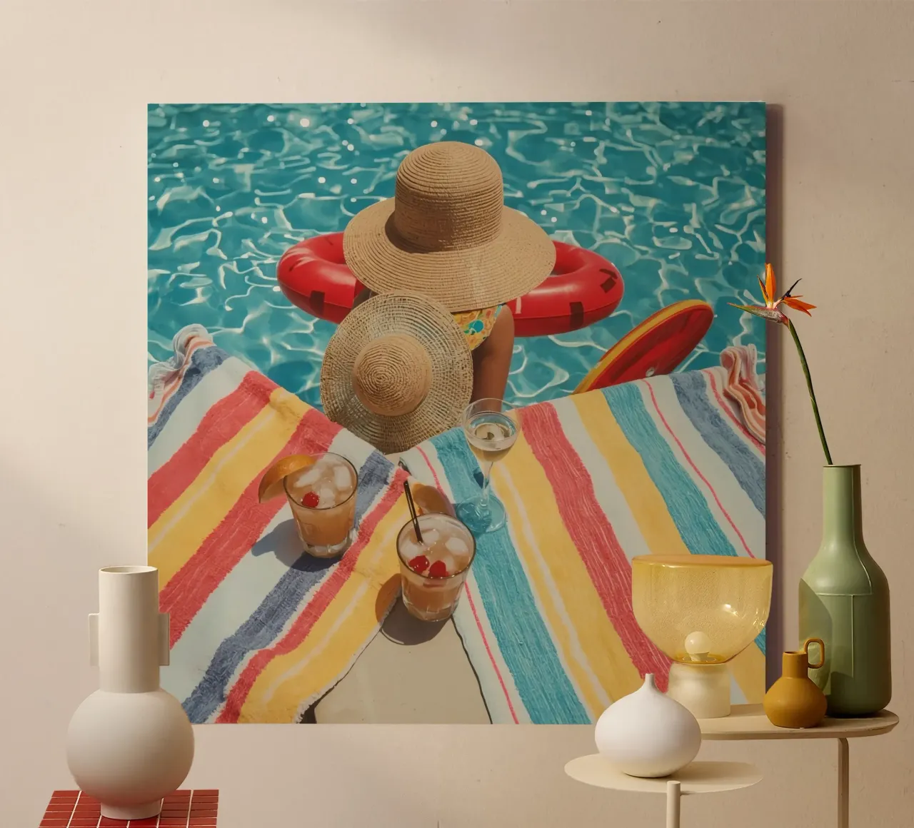 Drinks Hats and Pool Float Beside Swimming Pool canvas with Floater frame by DesignDoodle