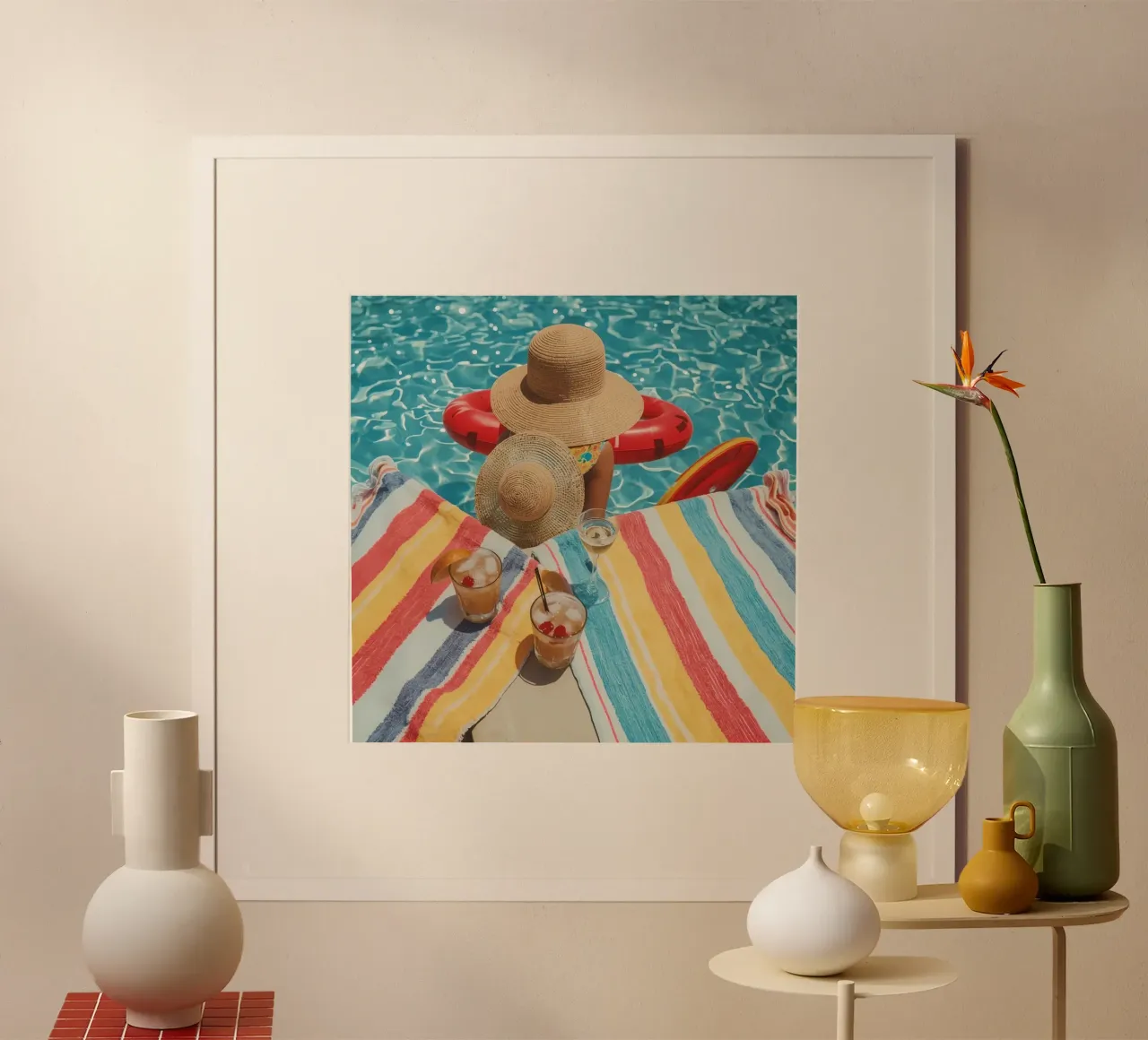 Drinks Hats and Pool Float Beside Swimming Pool poster by DesignDoodle